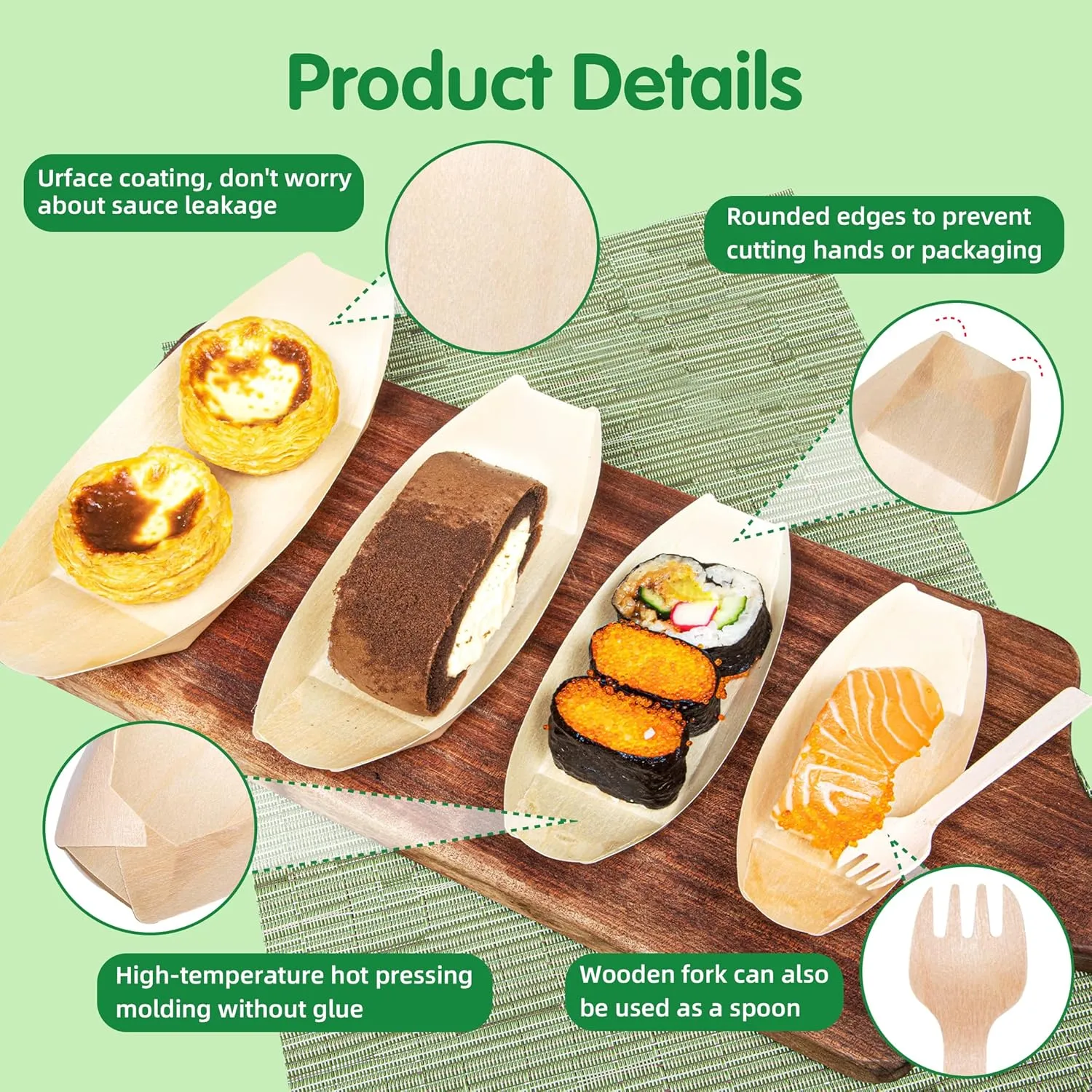 100-Pack Wooden Disposable Plates 5 IN Boat Plates Food Trays Disposable Dessert Plates Disposable Food Boats for Party Weddings Picnic (Actual Size Used: 2.95" D x 1.73" W x 0.59" H)