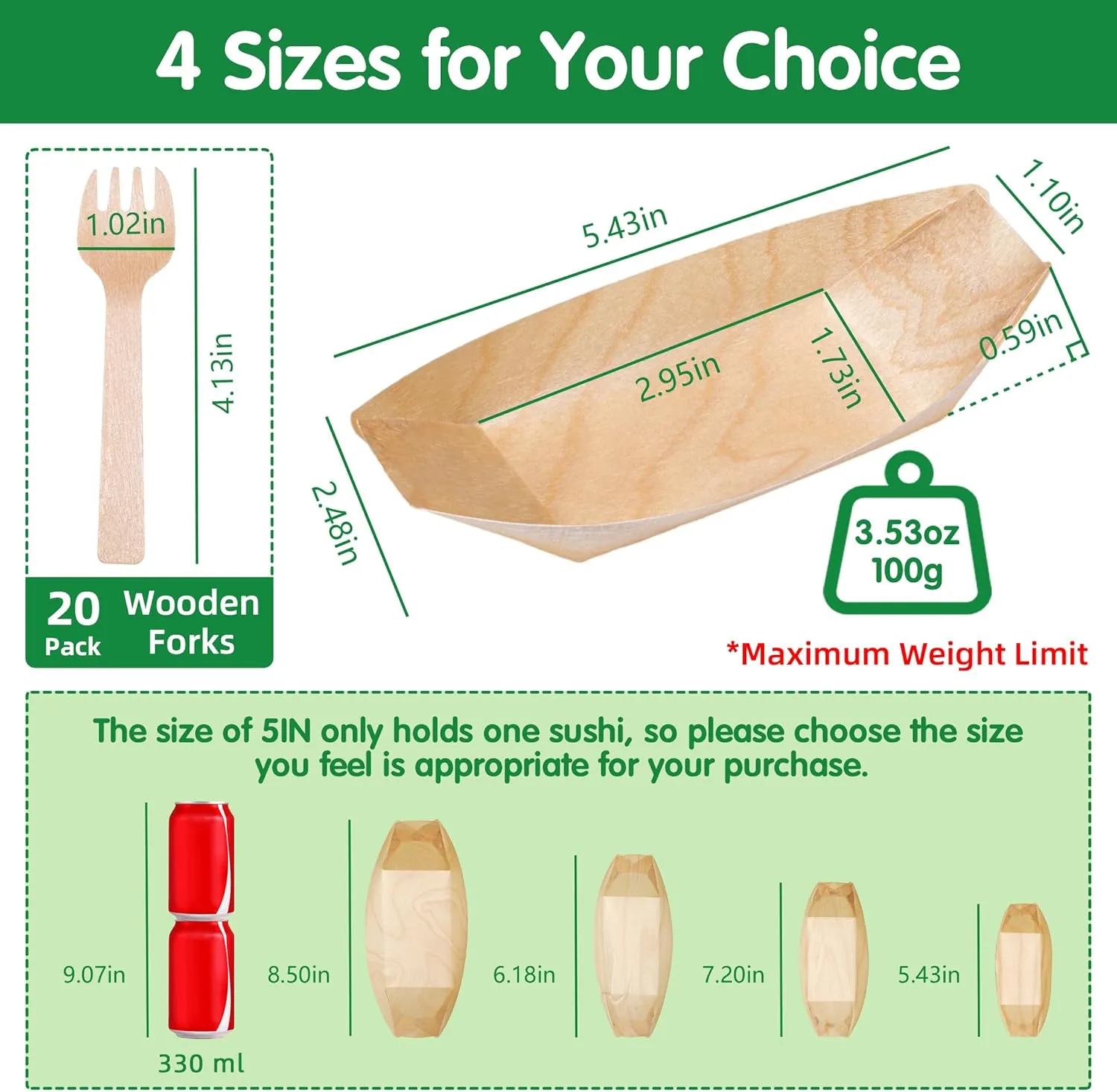 100-Pack Wooden Disposable Plates 5 IN Boat Plates Food Trays Disposable Dessert Plates Disposable Food Boats for Party Weddings Picnic (Actual Size Used: 2.95" D x 1.73" W x 0.59" H)