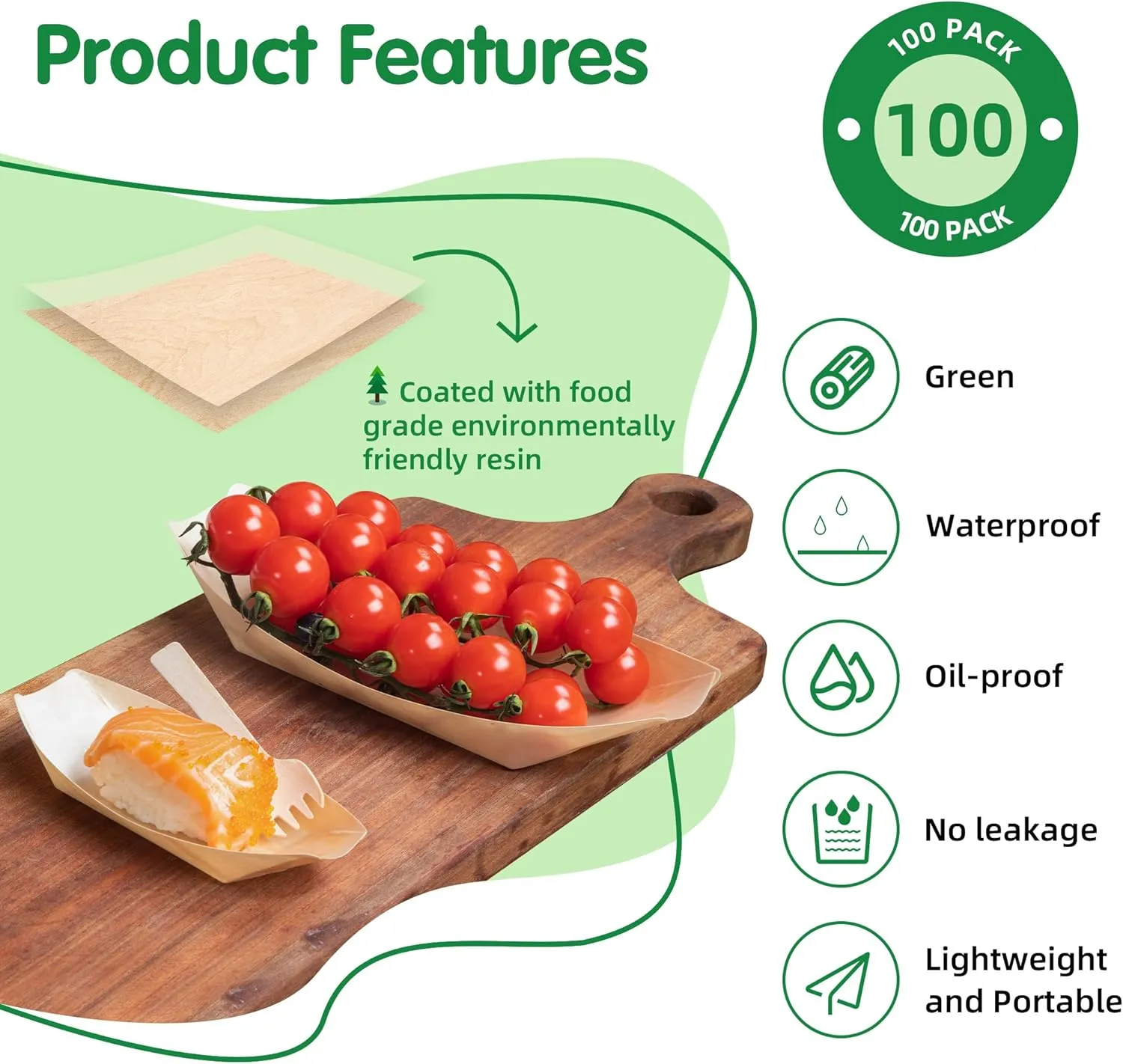 100-Pack Wooden Disposable Plates 5 IN Boat Plates Food Trays Disposable Dessert Plates Disposable Food Boats for Party Weddings Picnic (Actual Size Used: 2.95" D x 1.73" W x 0.59" H)