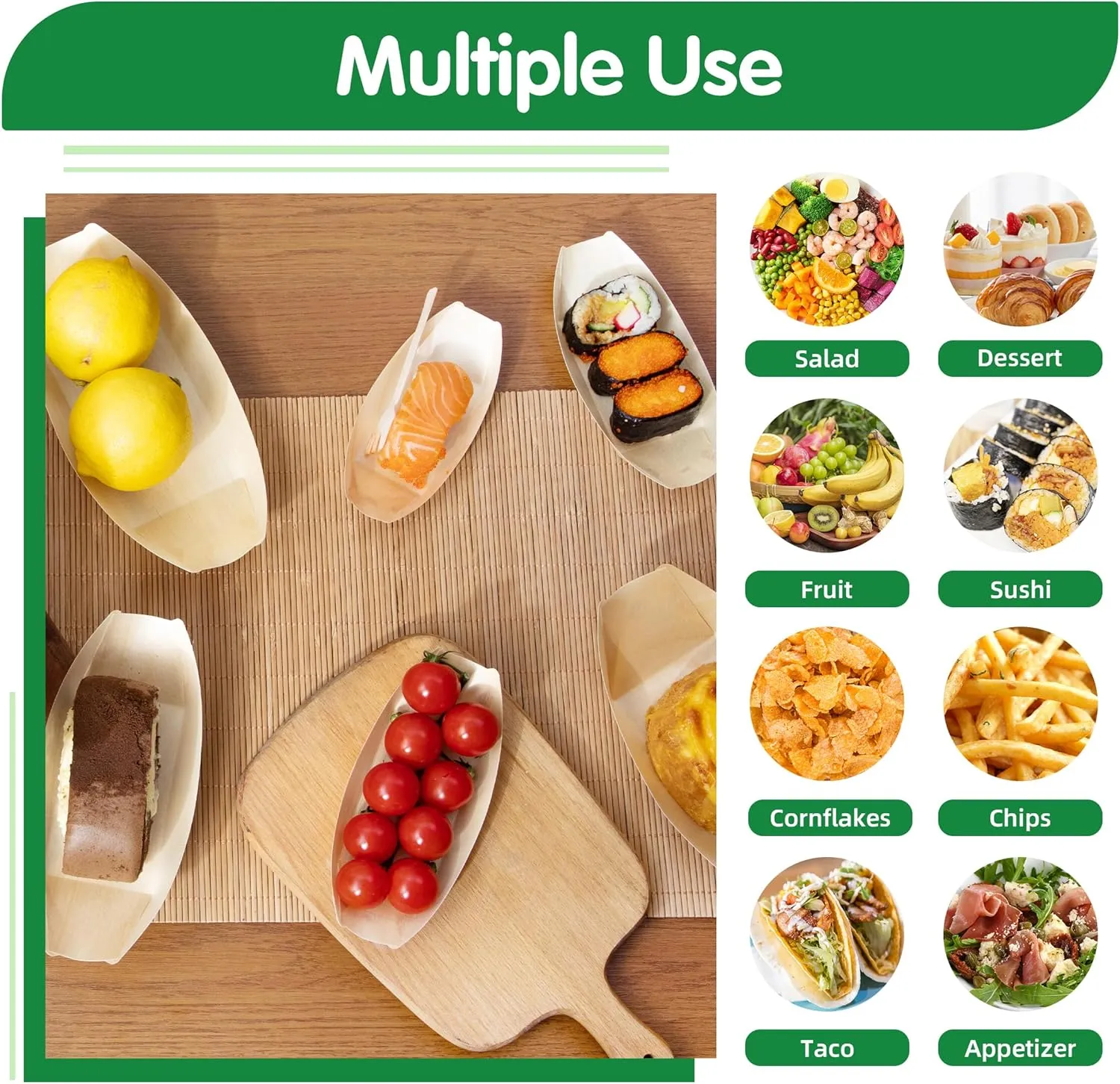 100-Pack Wooden Disposable Plates 5 IN Boat Plates Food Trays Disposable Dessert Plates Disposable Food Boats for Party Weddings Picnic (Actual Size Used: 2.95" D x 1.73" W x 0.59" H)