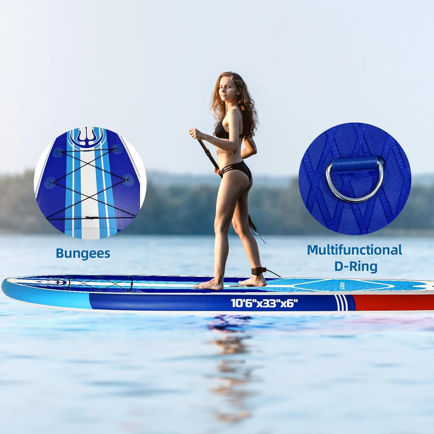 10'6" x 33" Inflatable Stand Up Paddle Board with Complete Accessories, Stable Non - Slip EVA Deck, Tri - Fin System, Military - Grade PVC, Ideal for All - Level Yoga, Fishing, Surfing and Wate