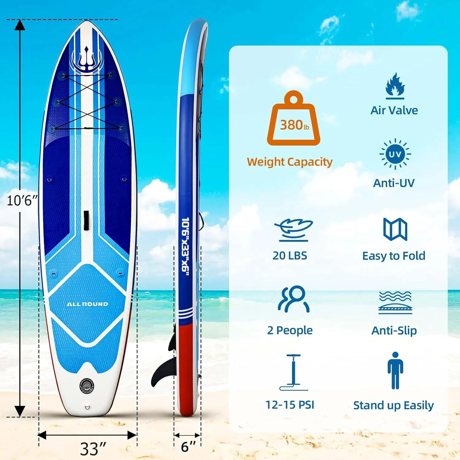 10'6" x 33" Inflatable Stand Up Paddle Board with Complete Accessories, Stable Non - Slip EVA Deck, Tri - Fin System, Military - Grade PVC, Ideal for All - Level Yoga, Fishing, Surfing and Wate