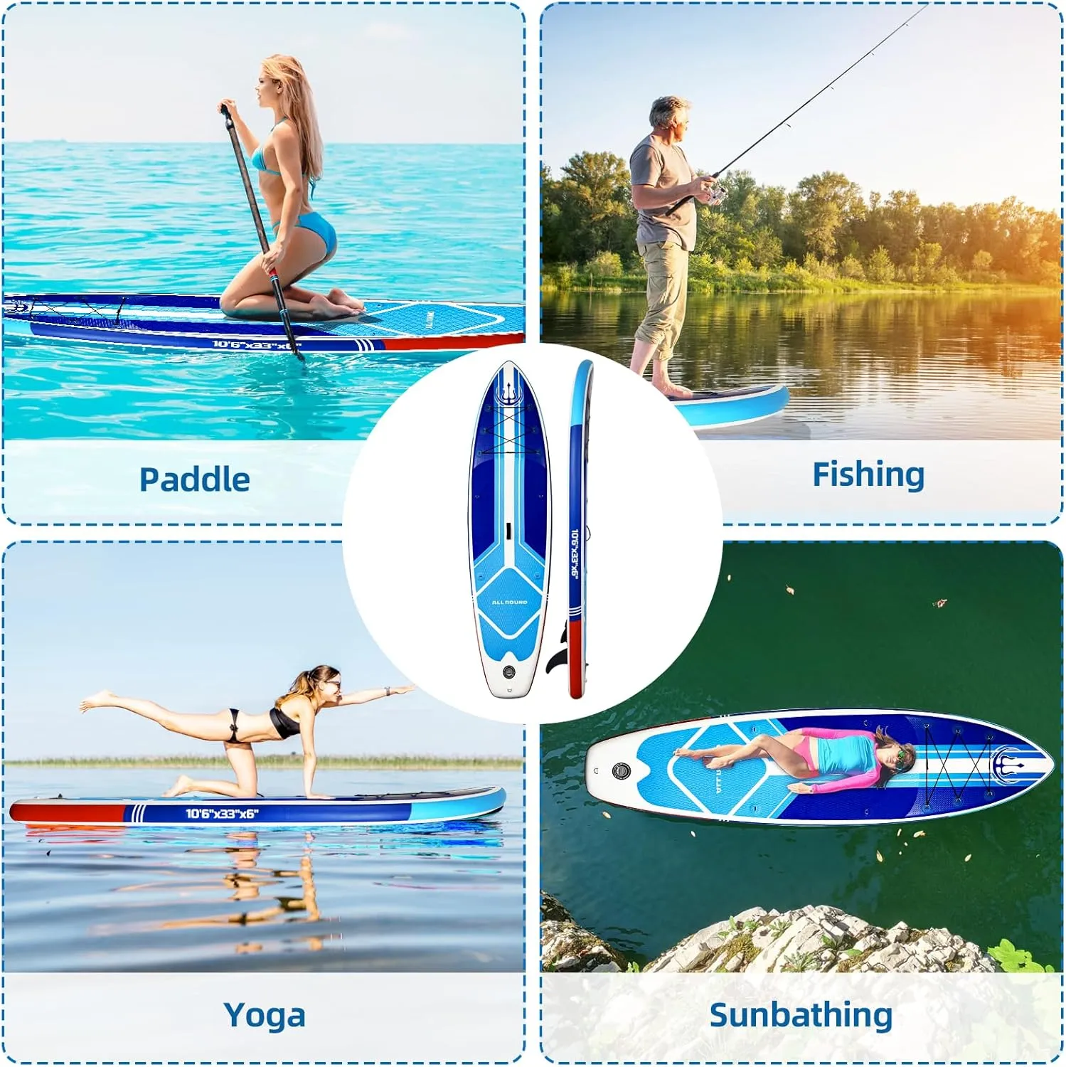 10'6" x 33" Inflatable Stand Up Paddle Board with Complete Accessories, Stable Non - Slip EVA Deck, Tri - Fin System, Military - Grade PVC, Ideal for All - Level Yoga, Fishing, Surfing and Wate