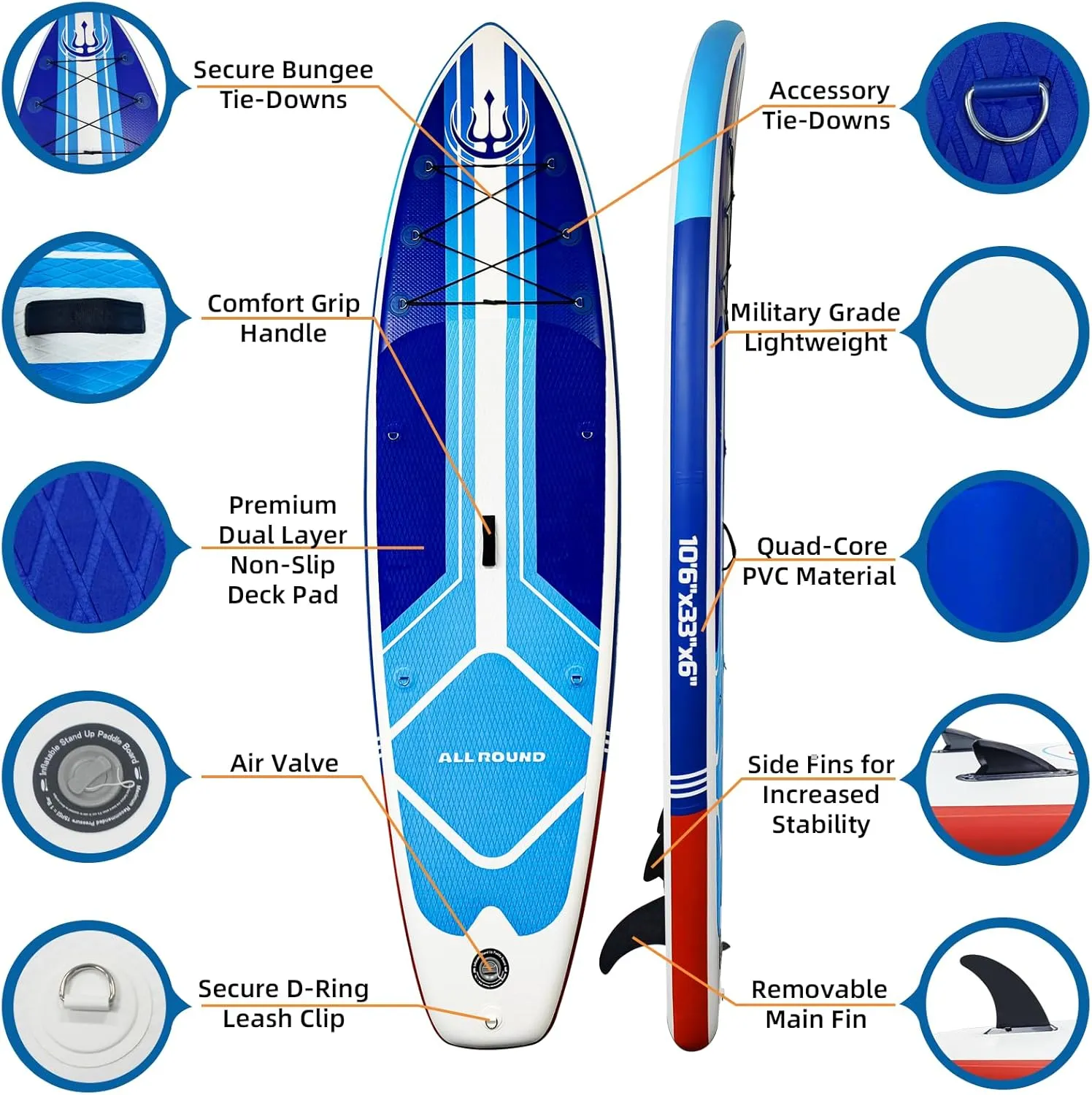 10'6" x 33" Inflatable Stand Up Paddle Board with Complete Accessories, Stable Non - Slip EVA Deck, Tri - Fin System, Military - Grade PVC, Ideal for All - Level Yoga, Fishing, Surfing and Wate