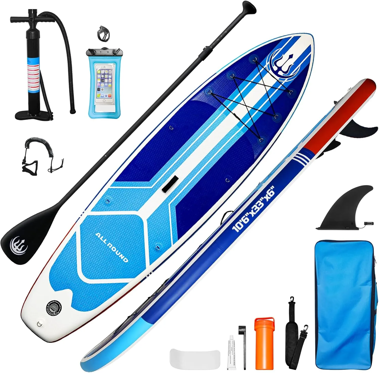 10'6" x 33" Inflatable Stand Up Paddle Board with Complete Accessories, Stable Non - Slip EVA Deck, Tri - Fin System, Military - Grade PVC, Ideal for All - Level Yoga, Fishing, Surfing and Wate