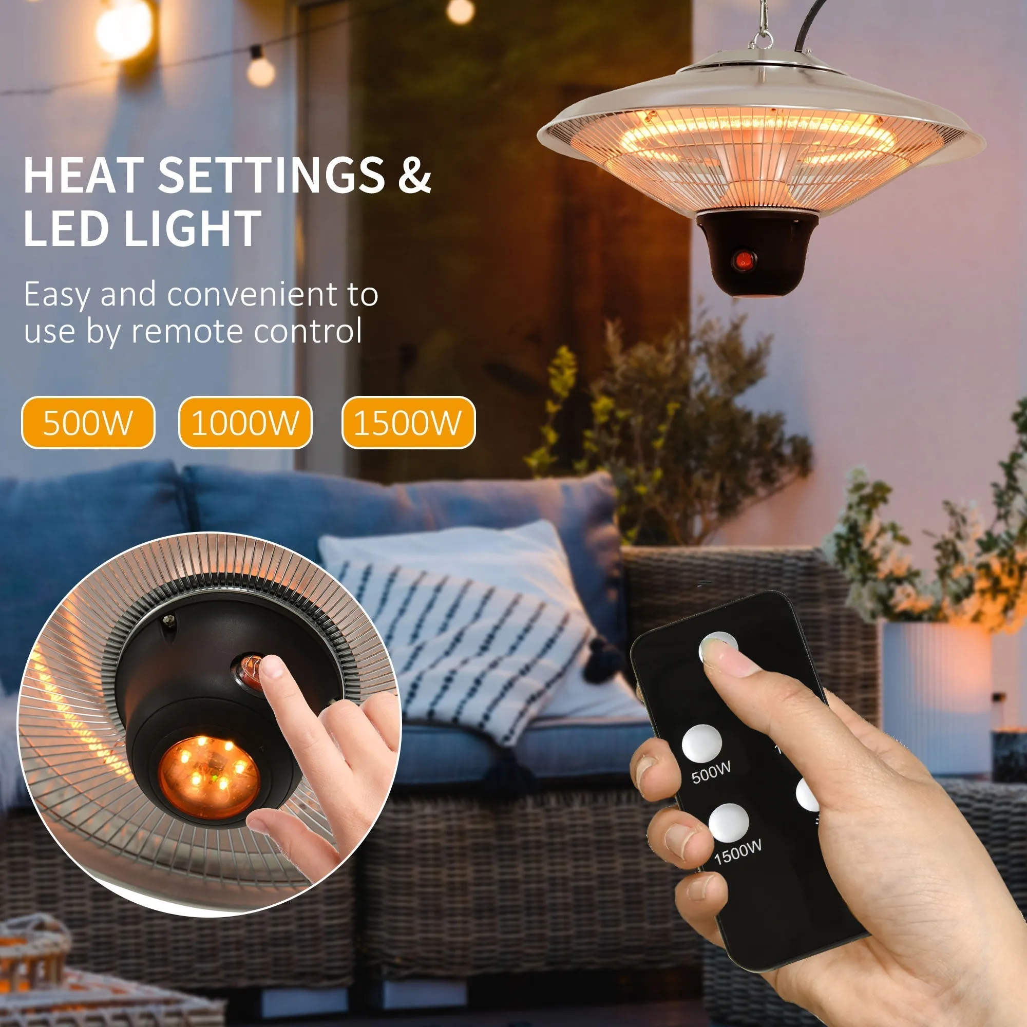 1500W Patio Heater Outdoor Ceiling Mounted Aluminium Halogen Electric Hanging Heating Light with Remote Control and 3 Heat Settings