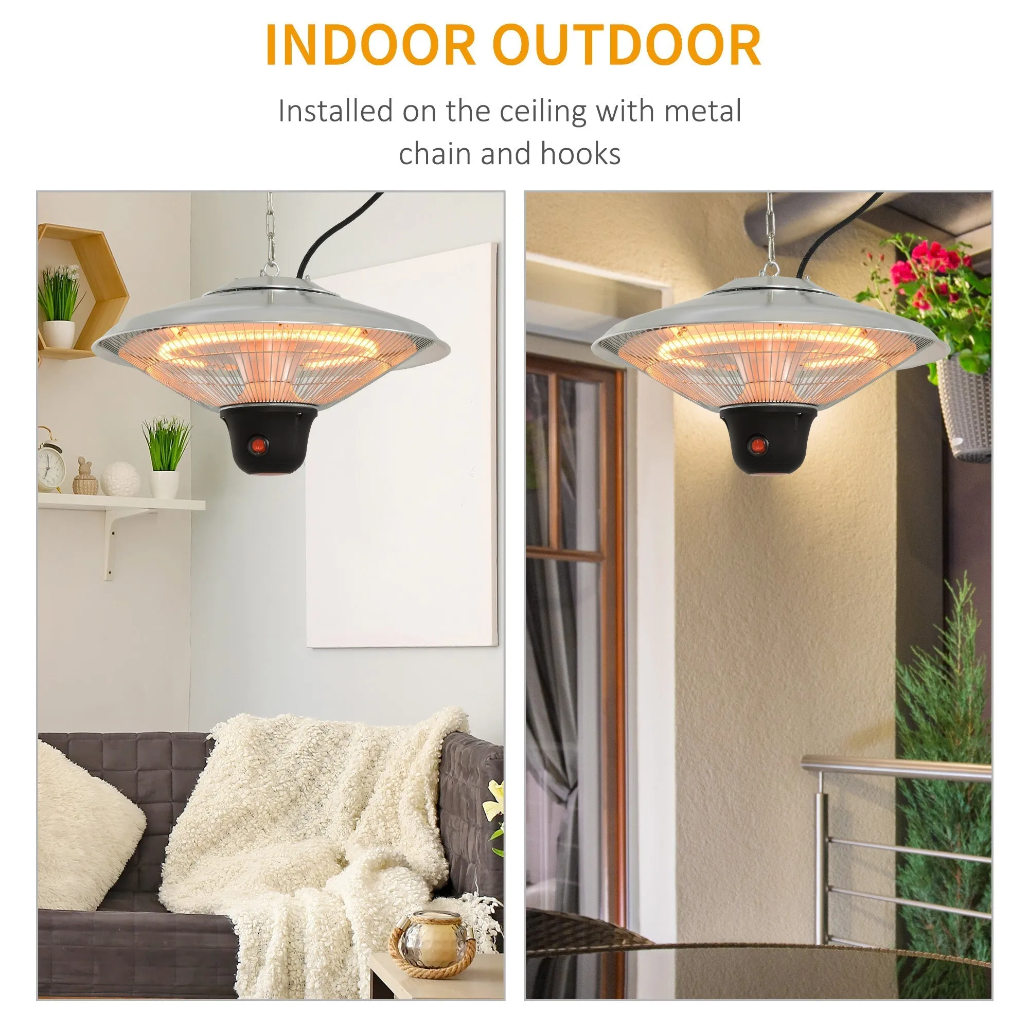 1500W Patio Heater Outdoor Ceiling Mounted Aluminium Halogen Electric Hanging Heating Light with Remote Control and 3 Heat Settings