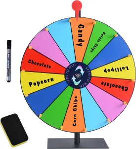 16 Inch Heavy Duty Prize Wheel - Color Editable Spinning Wheel with 14 Slots, Dry Erase Marker & Eraser - Perfect for Spin The Wheel of Fortune, and Prize Spinner with Stand - Ideal