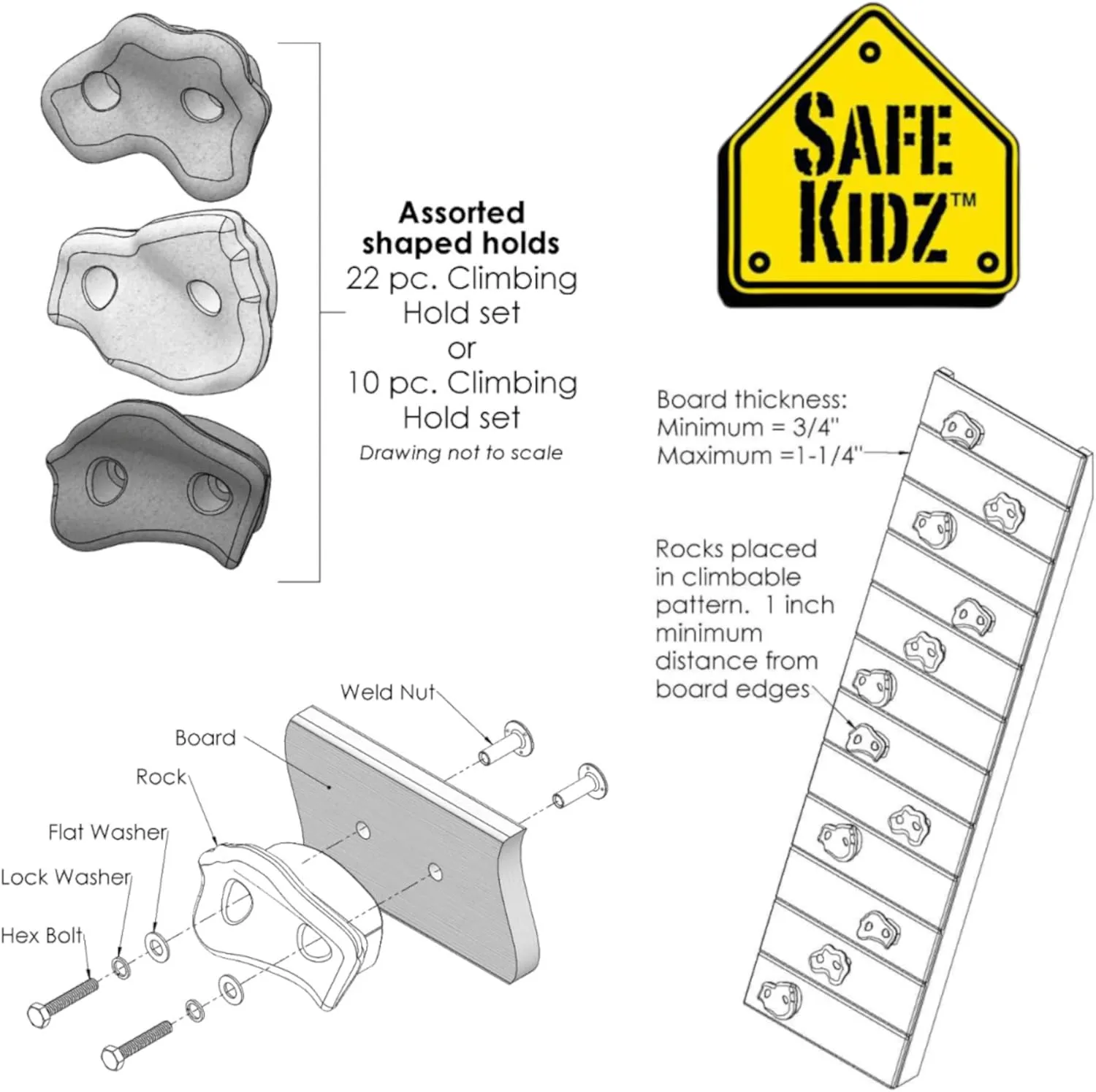 22 Assorted Deluxe Rock Climbing Holds for Kids - Outdoor Climbing Stones Kit with 44 Swing Safe Fasteners   Drill Bit Easy to Install on Lumber from 3/4" to 1.25" Thick