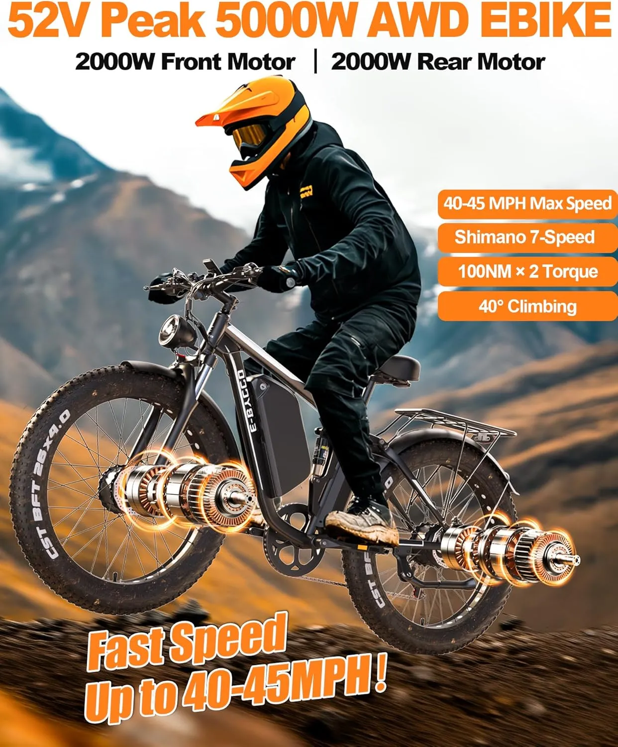 (24-EB7Pro White) 24" 5000W Dual Motor Electric Bike for Adults, 52V 32AH Battery, Max 40-45MPH &100Miles, Hydraulic Disc Brake, Fat Tire All Terrain Hunting E-Bike, Full Suspension, UL 2849