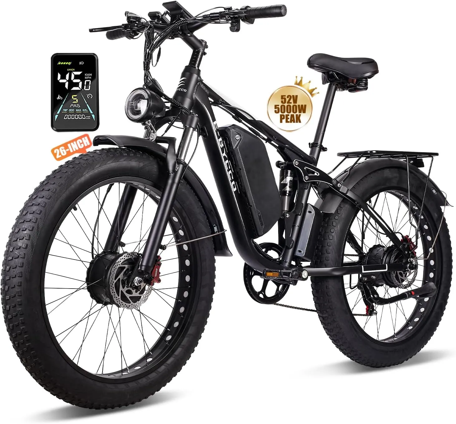 (24-EB7Pro White) 24" 5000W Dual Motor Electric Bike for Adults, 52V 32AH Battery, Max 40-45MPH &100Miles, Hydraulic Disc Brake, Fat Tire All Terrain Hunting E-Bike, Full Suspension, UL 2849
