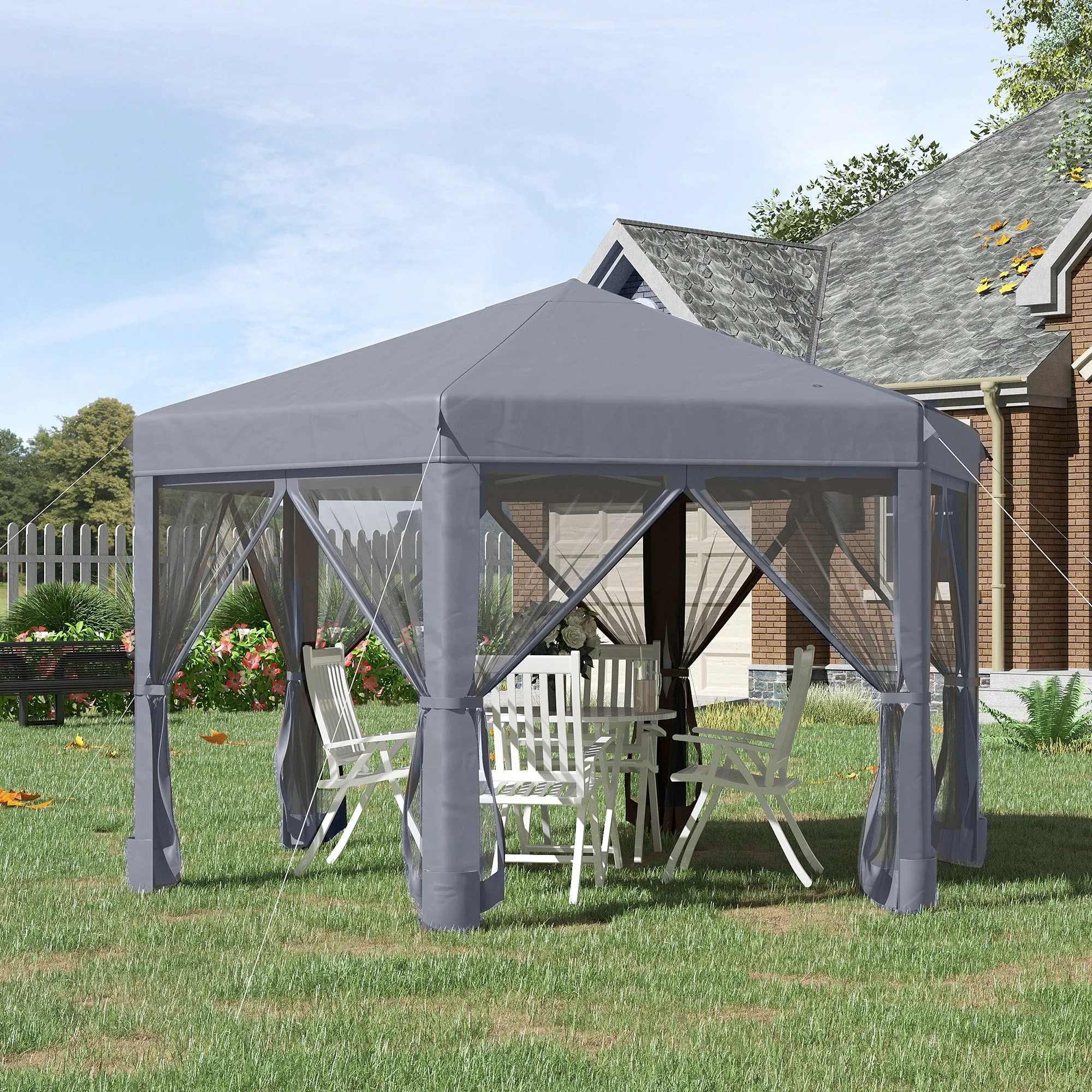 3.2m Canopy Rentals Pop Up Gazebo Hexagonal Canopy Tent Outdoor Sun ProtectionWith Mesh Sidewalls Handy Bag Grey