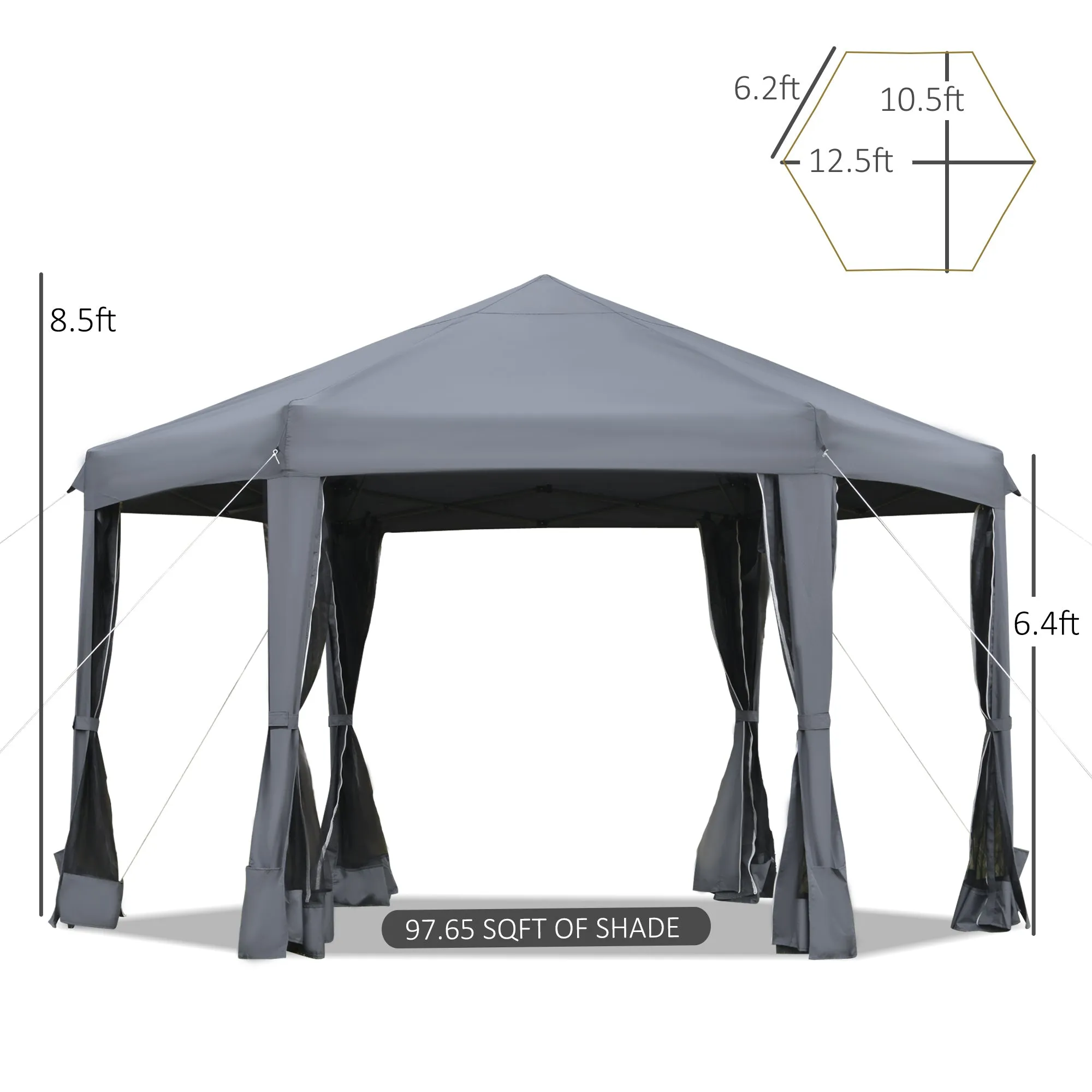 3.2m Canopy Rentals Pop Up Gazebo Hexagonal Canopy Tent Outdoor Sun ProtectionWith Mesh Sidewalls Handy Bag Grey