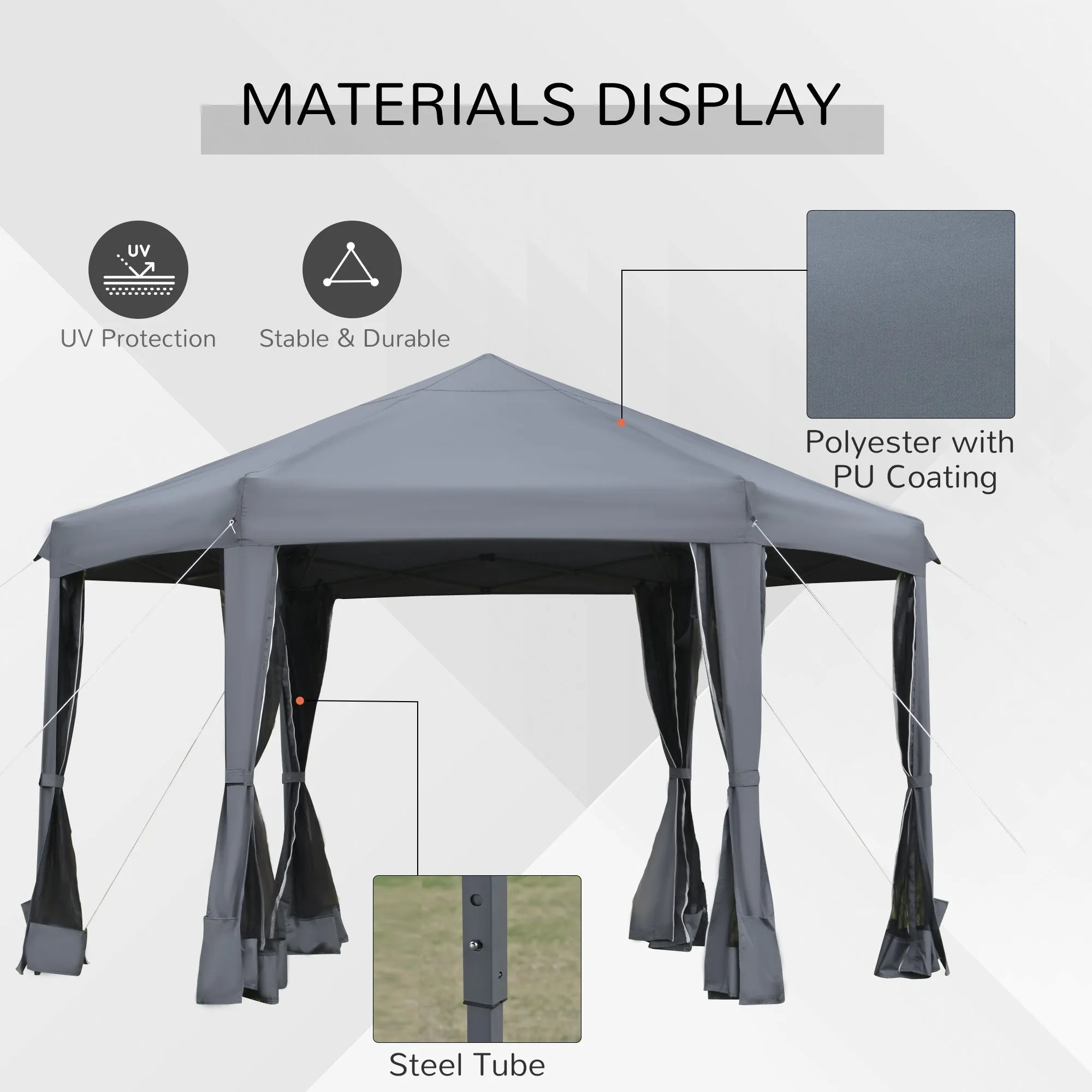 3.2m Canopy Rentals Pop Up Gazebo Hexagonal Canopy Tent Outdoor Sun ProtectionWith Mesh Sidewalls Handy Bag Grey