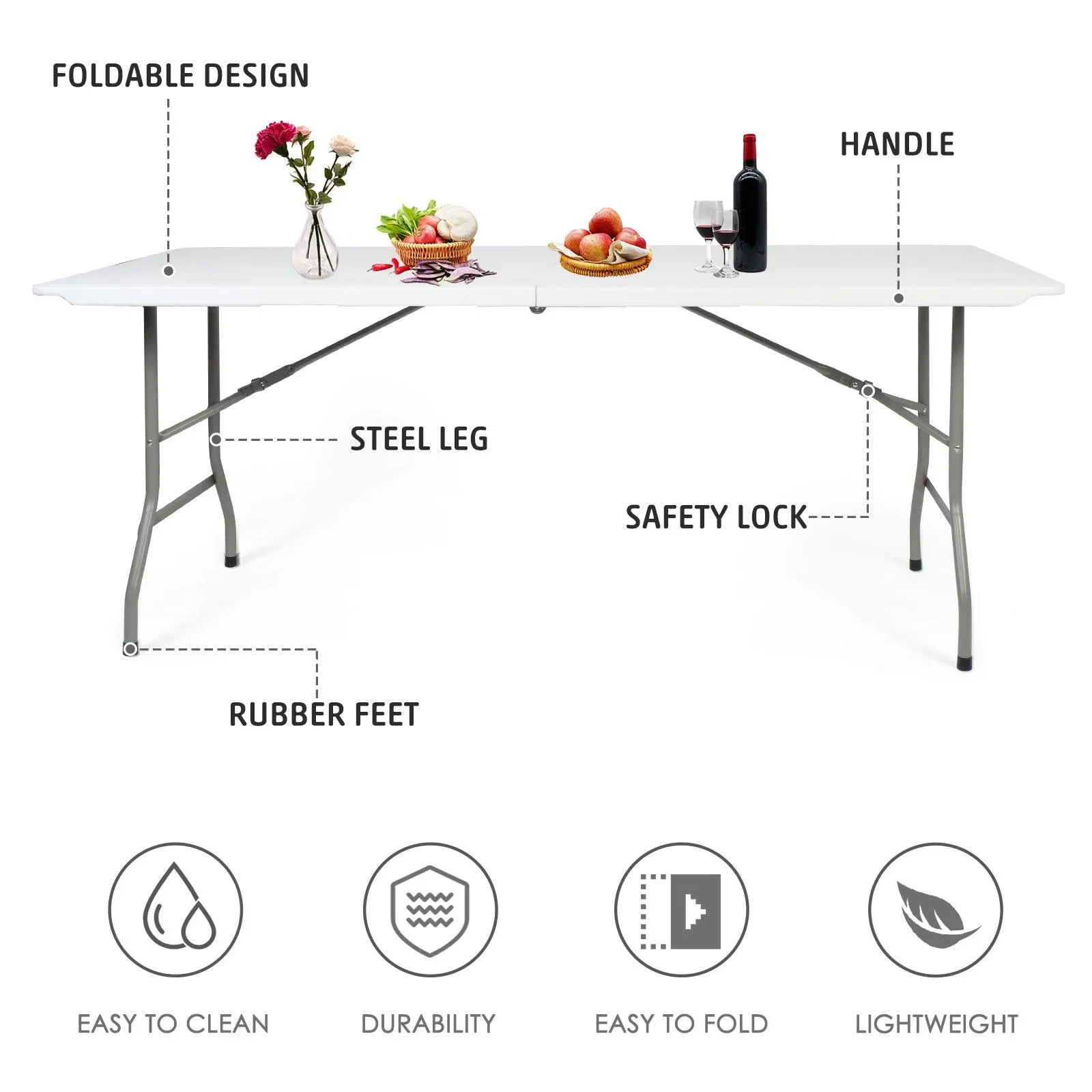 6ft Portable Folding Plastic Table for 6-8 Picnic Dining Table 71" with Carry Handle, White