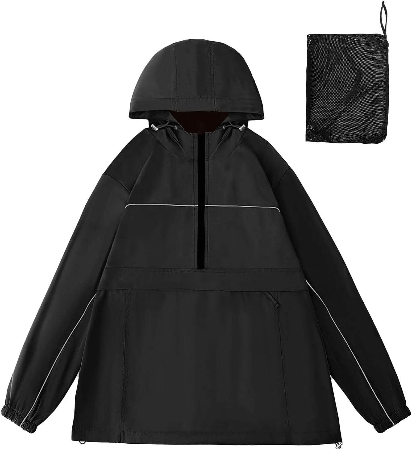 Avoogue Raincoat Women Reflective Waterproof Rain Jackets Half Zipper Packable Outdoor Hooded Windbreaker Lined Jacket