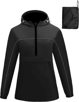 Avoogue Raincoat Women Reflective Waterproof Rain Jackets Half Zipper Packable Outdoor Hooded Windbreaker Lined Jacket