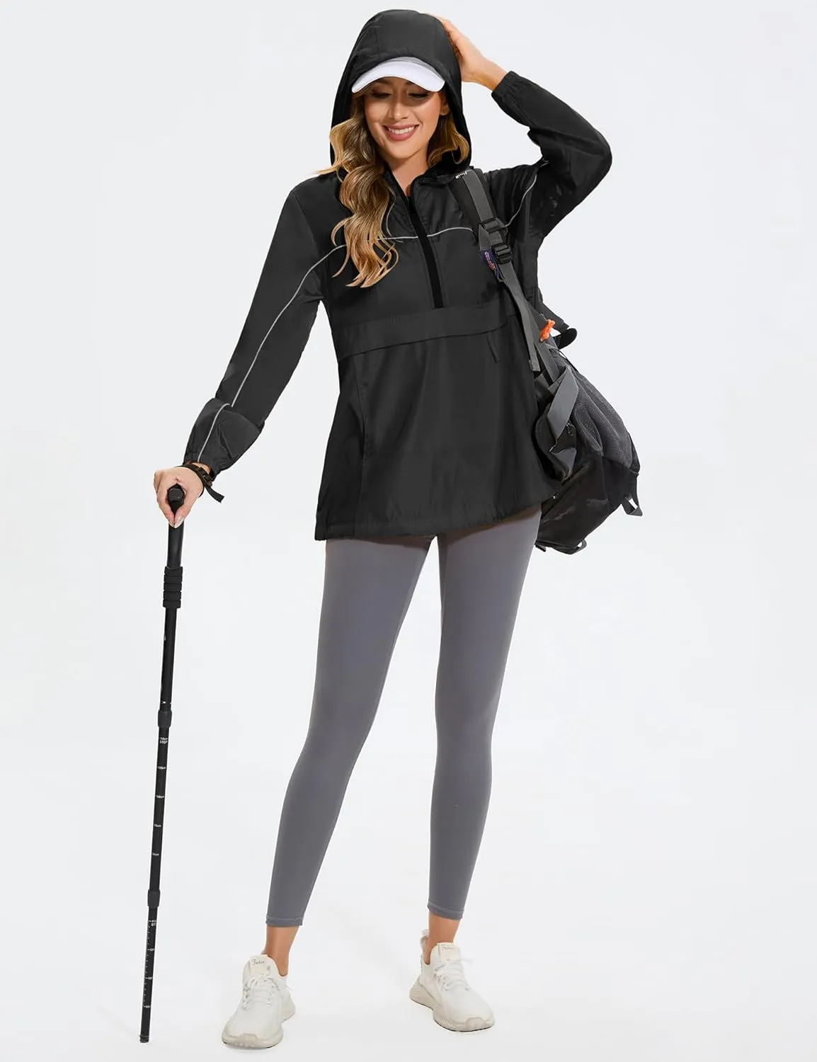Avoogue Raincoat Women Reflective Waterproof Rain Jackets Half Zipper Packable Outdoor Hooded Windbreaker Lined Jacket