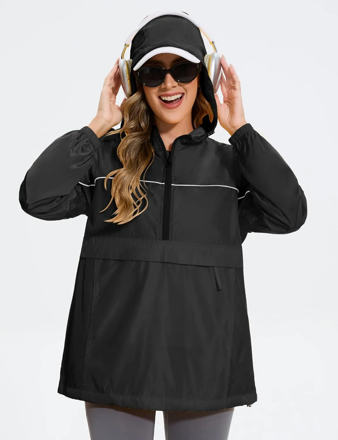 Avoogue Raincoat Women Reflective Waterproof Rain Jackets Half Zipper Packable Outdoor Hooded Windbreaker Lined Jacket