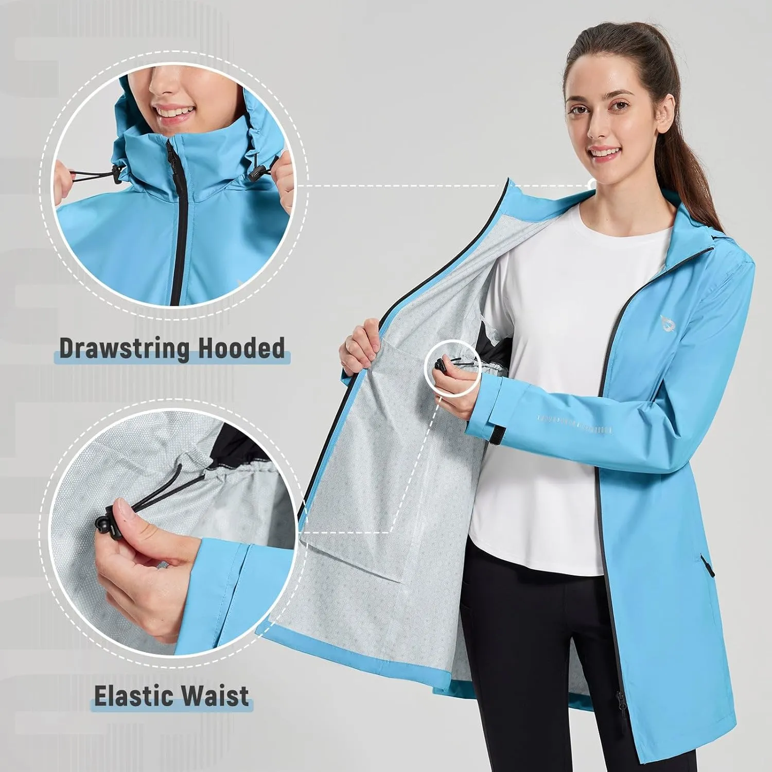 baleaf Women's Long Rain Coat Packable Waterproof Windbreaker Lightweight Cycling Jacket with Hood