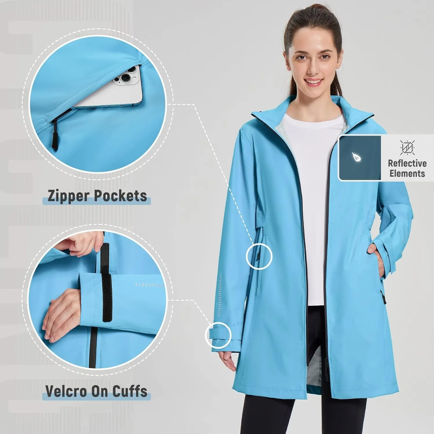 baleaf Women's Long Rain Coat Packable Waterproof Windbreaker Lightweight Cycling Jacket with Hood