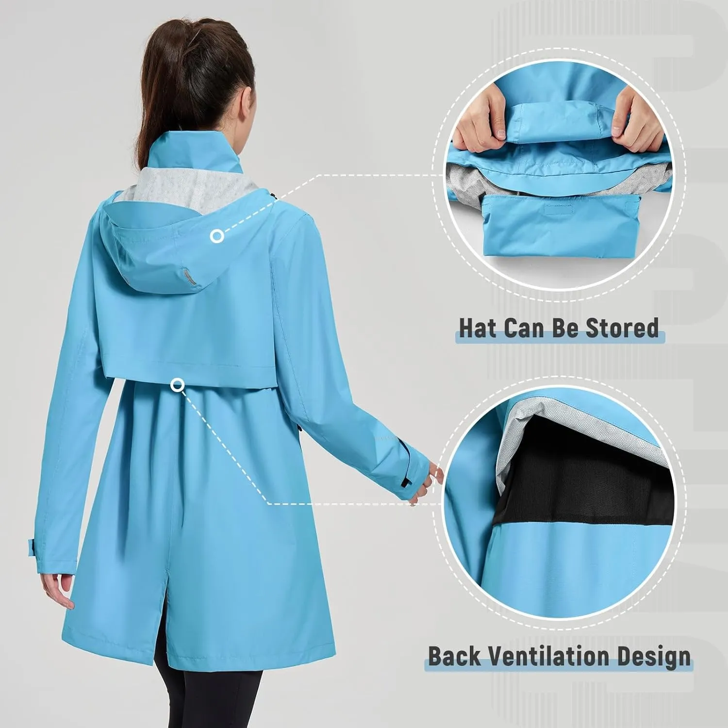 baleaf Women's Long Rain Coat Packable Waterproof Windbreaker Lightweight Cycling Jacket with Hood