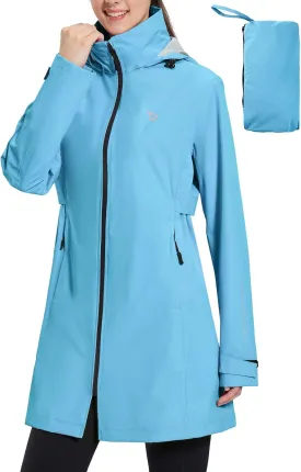 baleaf Women's Long Rain Coat Packable Waterproof Windbreaker Lightweight Cycling Jacket with Hood