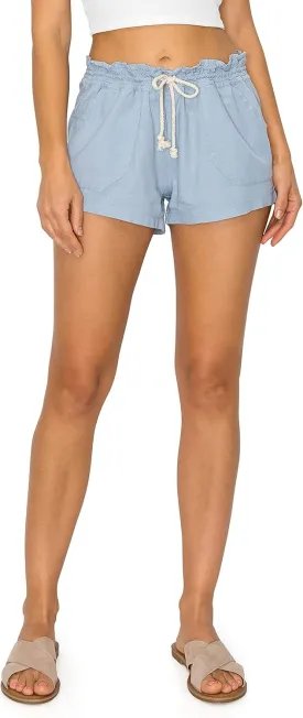 Cali1850 Women's Casual Linen Shorts - Drawstring Smocked Waist Oceanside Lounge Beach Printed Pants with Pockets