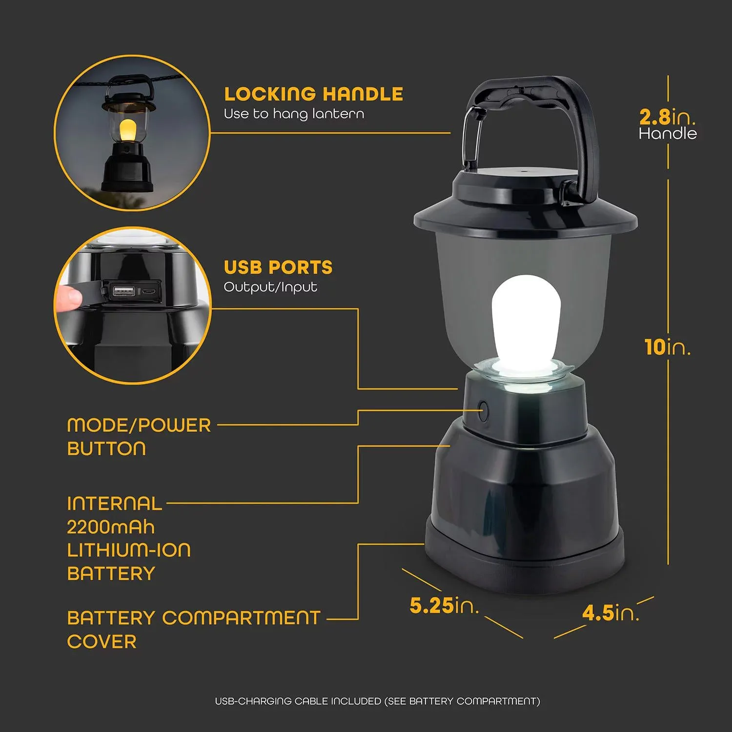 EcoScapes Dual Power LED Rechargeable Dimmable Lantern Black
