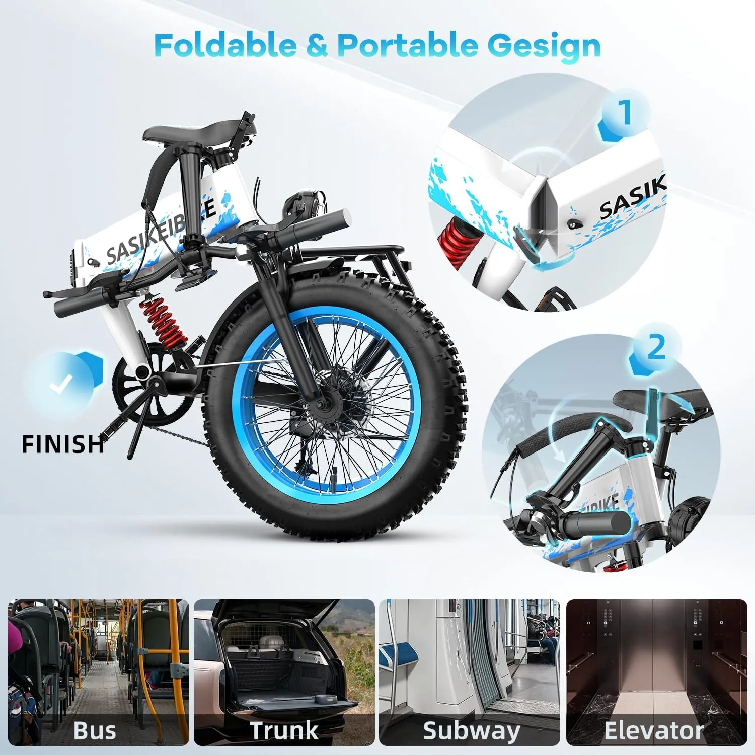 Folding 52V 20Ah Removabke Battery Electric Bike 1500W Peak Motor 20'' Fat Tire Mountain Commuter 30MPH Ebike Motorcycle Range 70 Miles UL Certified Adult Electric Dirt Bike with 7-Speed