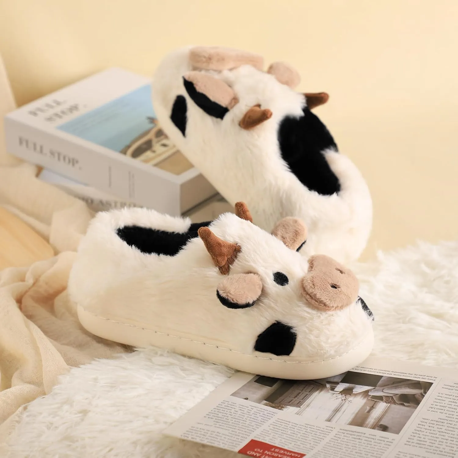 Gaolinci Cartoon Cow Cotton Slippers, Winter Indoor Outdoor Slippers for Women