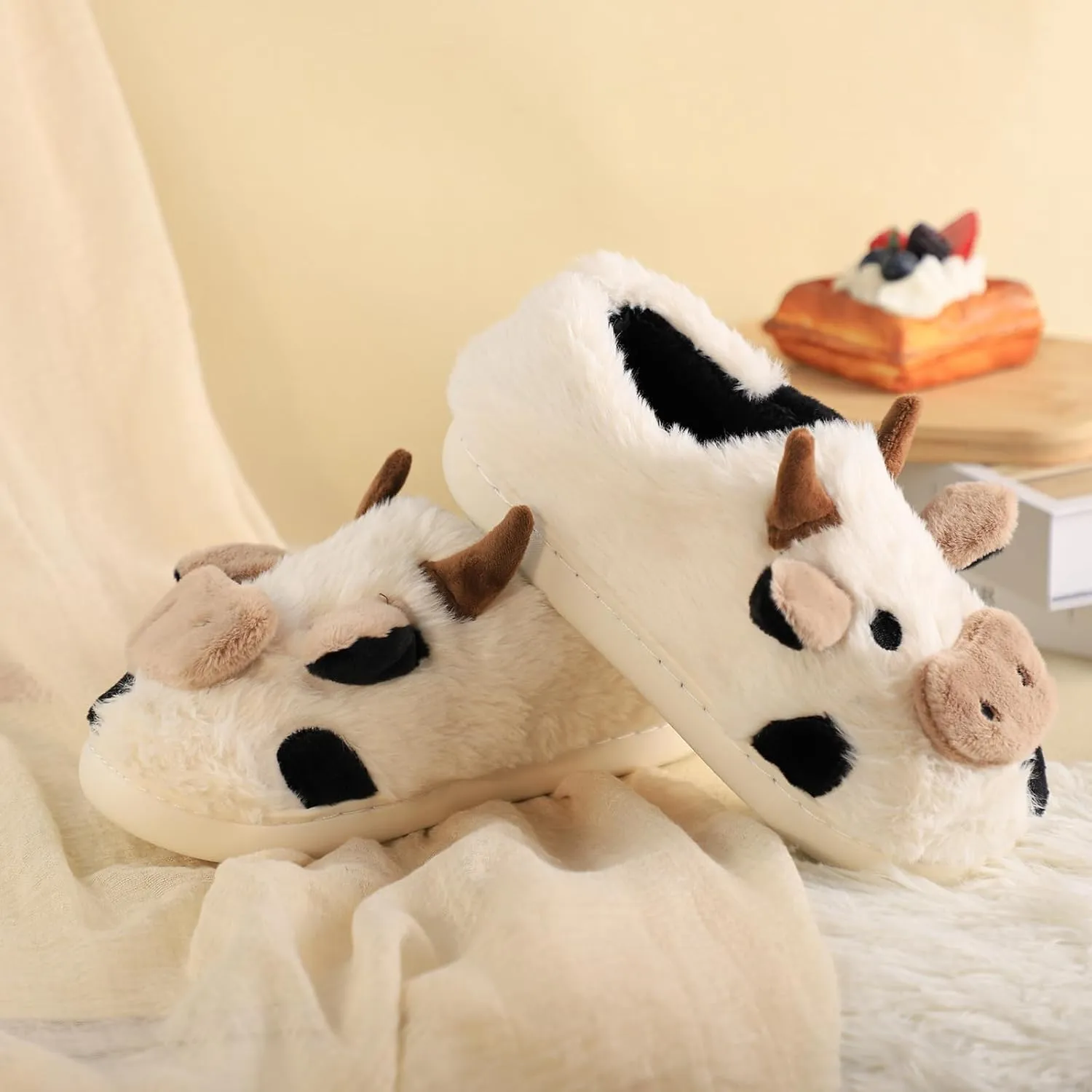 Gaolinci Cartoon Cow Cotton Slippers, Winter Indoor Outdoor Slippers for Women