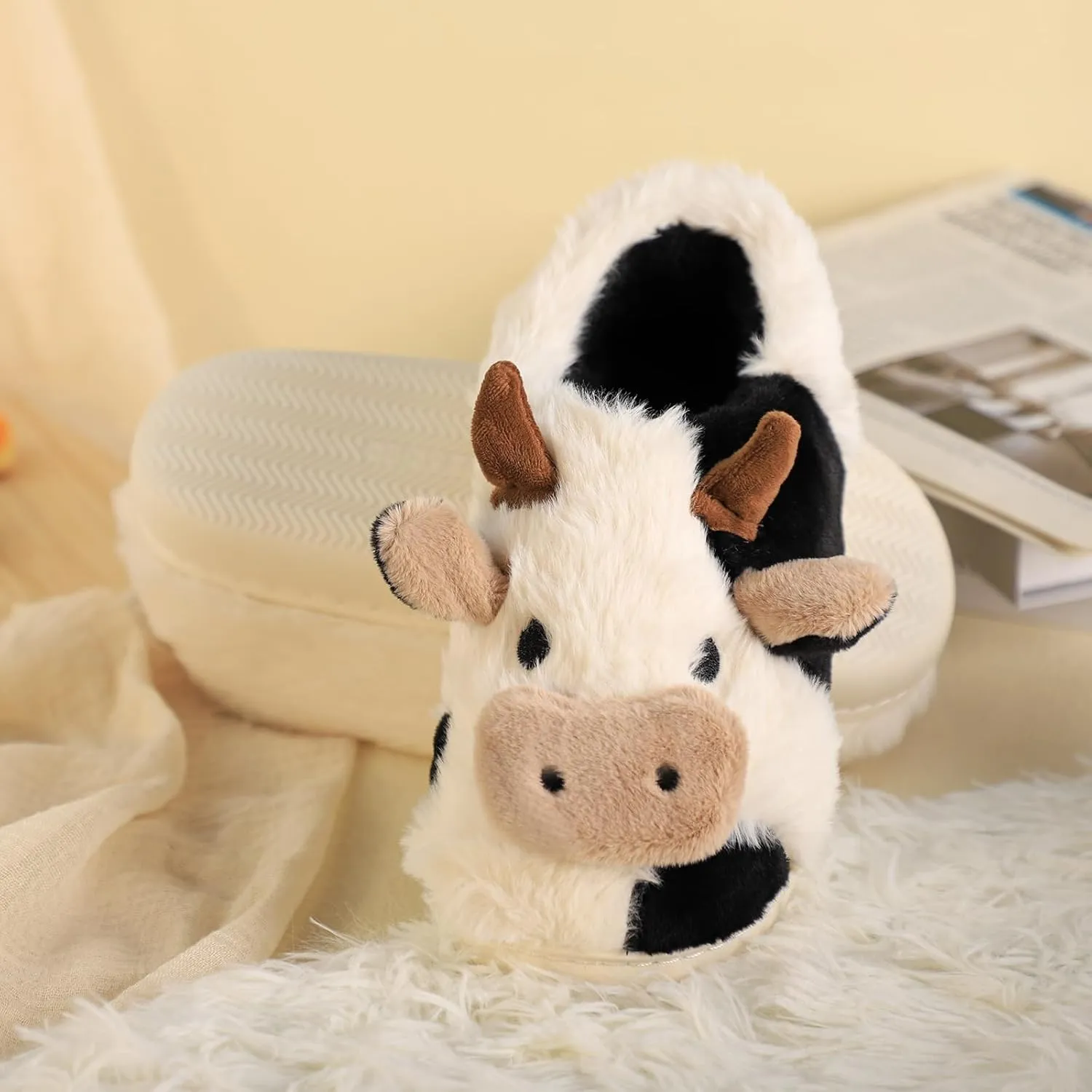 Gaolinci Cartoon Cow Cotton Slippers, Winter Indoor Outdoor Slippers for Women