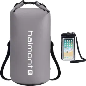 Haimont Waterproof Dry Bag Floating Dry Sack Roll Top Drybag Backpack for Kayaking, Rafting, Boating, Fishing with IPX8 Waterproof Phone Case, Light Gray, 40L