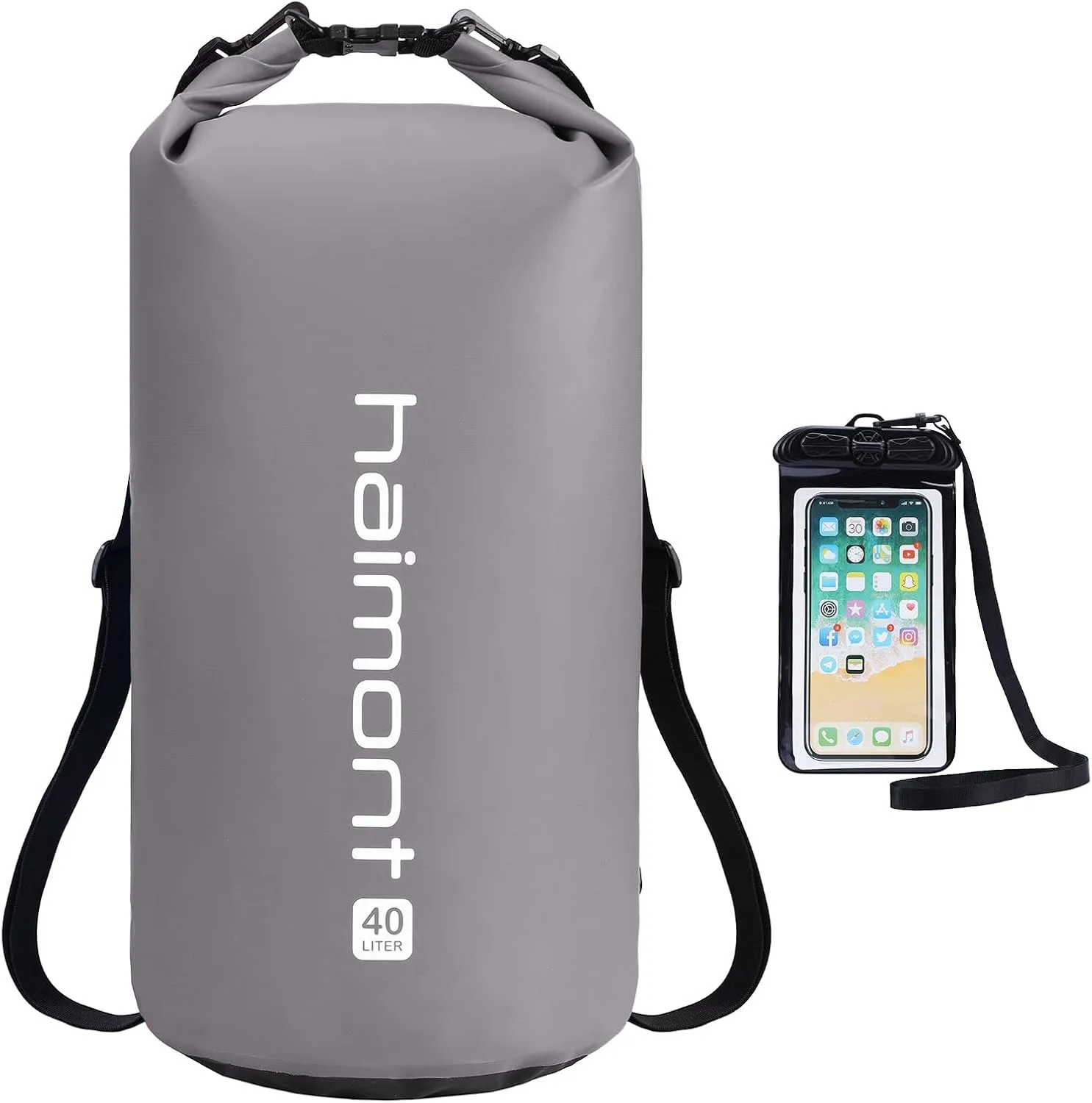 Haimont Waterproof Dry Bag Floating Dry Sack Roll Top Drybag Backpack for Kayaking, Rafting, Boating, Fishing with IPX8 Waterproof Phone Case, Light Gray, 40L