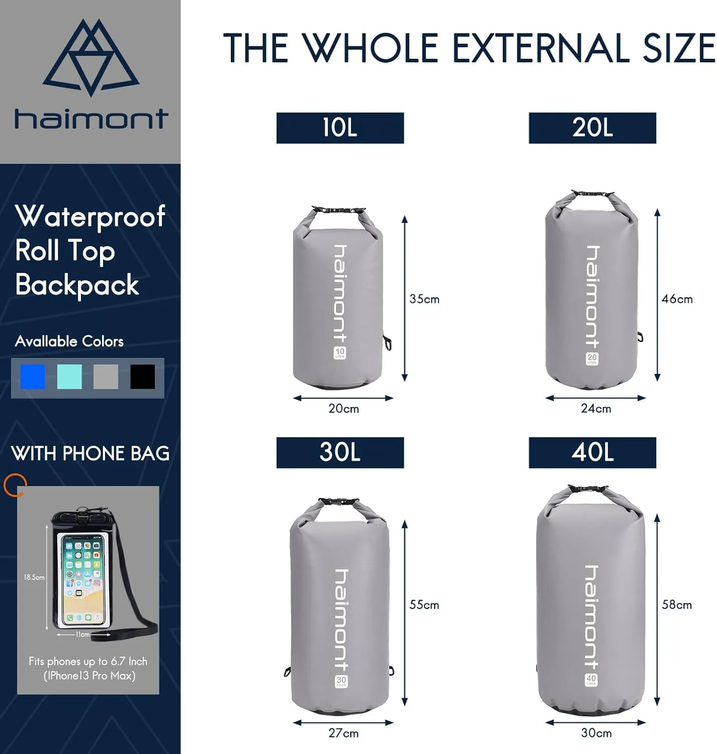 Haimont Waterproof Dry Bag Floating Dry Sack Roll Top Drybag Backpack for Kayaking, Rafting, Boating, Fishing with IPX8 Waterproof Phone Case, Light Gray, 40L