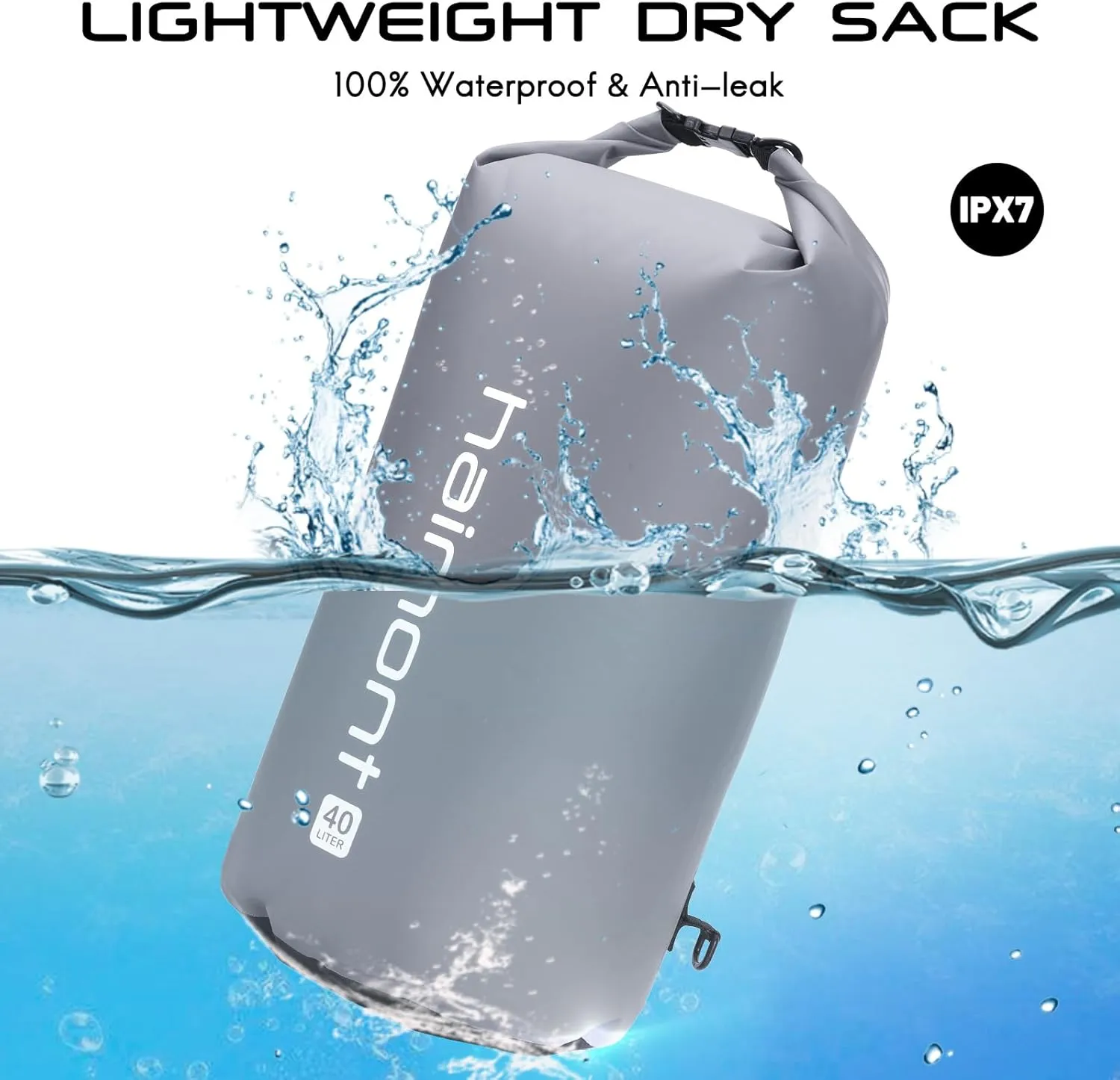 Haimont Waterproof Dry Bag Floating Dry Sack Roll Top Drybag Backpack for Kayaking, Rafting, Boating, Fishing with IPX8 Waterproof Phone Case, Light Gray, 40L
