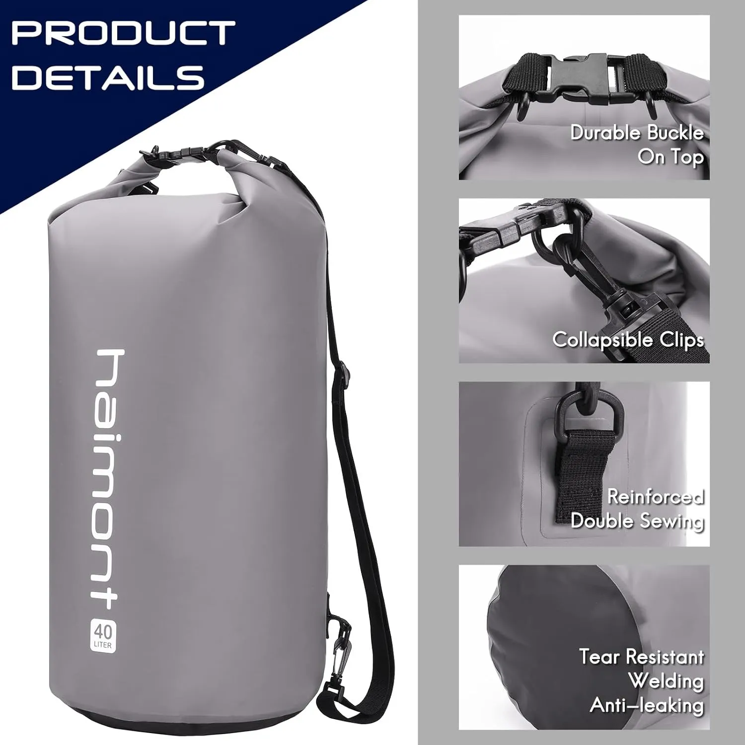 Haimont Waterproof Dry Bag Floating Dry Sack Roll Top Drybag Backpack for Kayaking, Rafting, Boating, Fishing with IPX8 Waterproof Phone Case, Light Gray, 40L