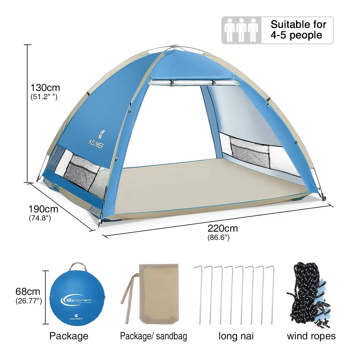 Instant Pop-Up Beach Tent - 4 Person Sun Shelter - UPF 50 