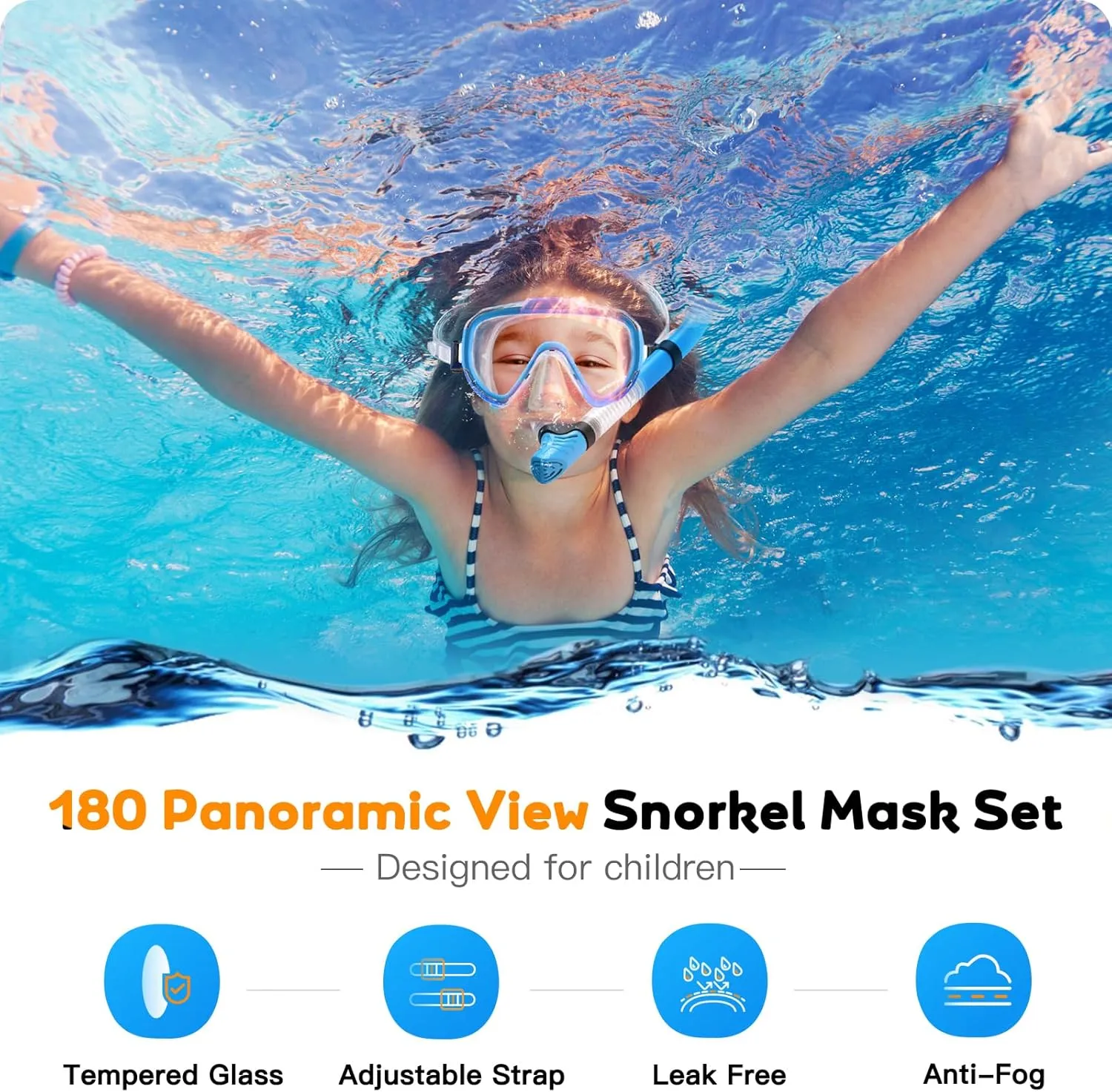 Kids Snorkel Set, Anti-Fog Panoramic Tempered Glass Kids Snorkel mask, Anti-Leak Scuba Diving Mask with Mesh Bag, Dry Top Snorkeling Gear for Kids and Youth Age 4-16