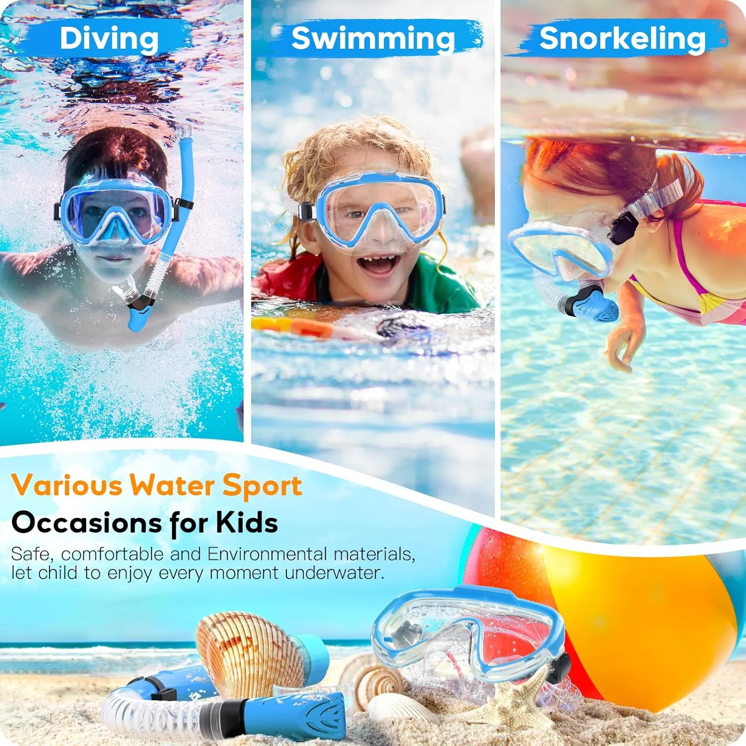 Kids Snorkel Set, Anti-Fog Panoramic Tempered Glass Kids Snorkel mask, Anti-Leak Scuba Diving Mask with Mesh Bag, Dry Top Snorkeling Gear for Kids and Youth Age 4-16