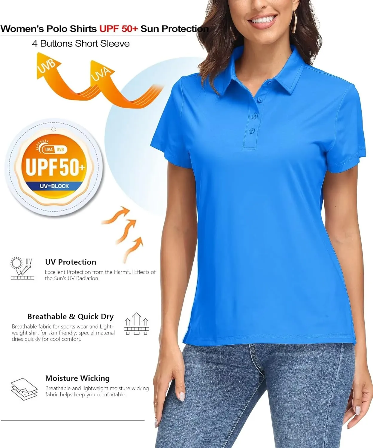 MAGCOMSEN Women's Polo Shirts UPF 50  Sun Protection 4 Buttons Casual Work Quick Dry Short Sleeve Collared Golf Shirt