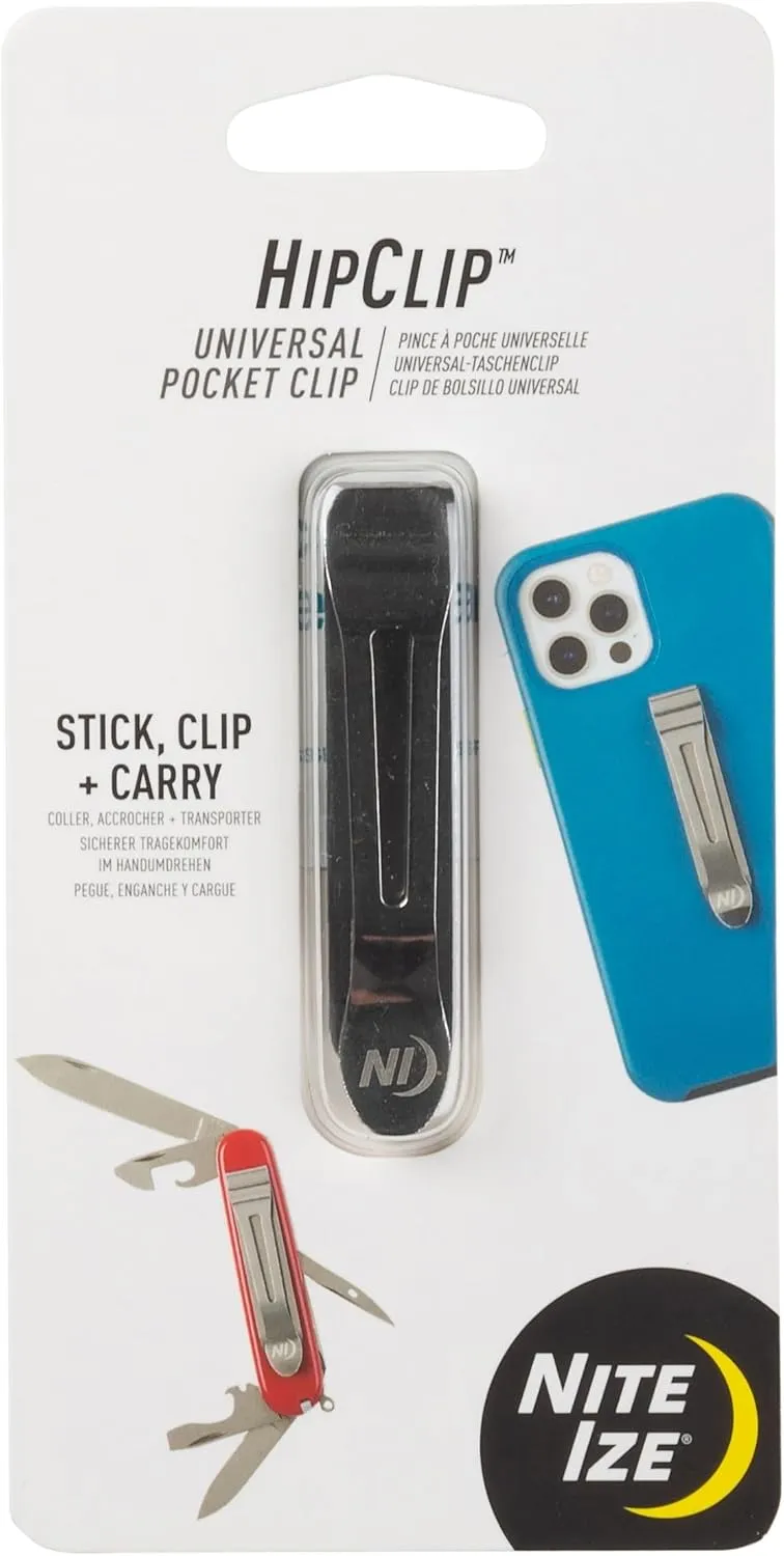 Nite Ize HipClip Universal Pocket Clip - Stainless Steel Adhesive Clip - Pocket Accessories for Cell Phone, Pocket Knife & More - Metal Cell Phone Belt Clip with Strong 3M VHB Adhesive