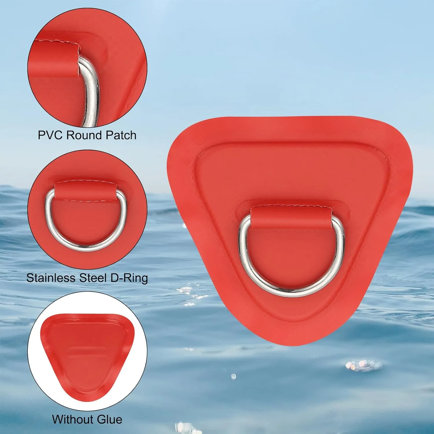 PATIKIL 3.5" Paddle Board D Rings, 6 Pcs Stainless Steel D-Ring PVC Patch Pad No Glue Include for Raft Kayak Inflatable Boat Surfboard, Red