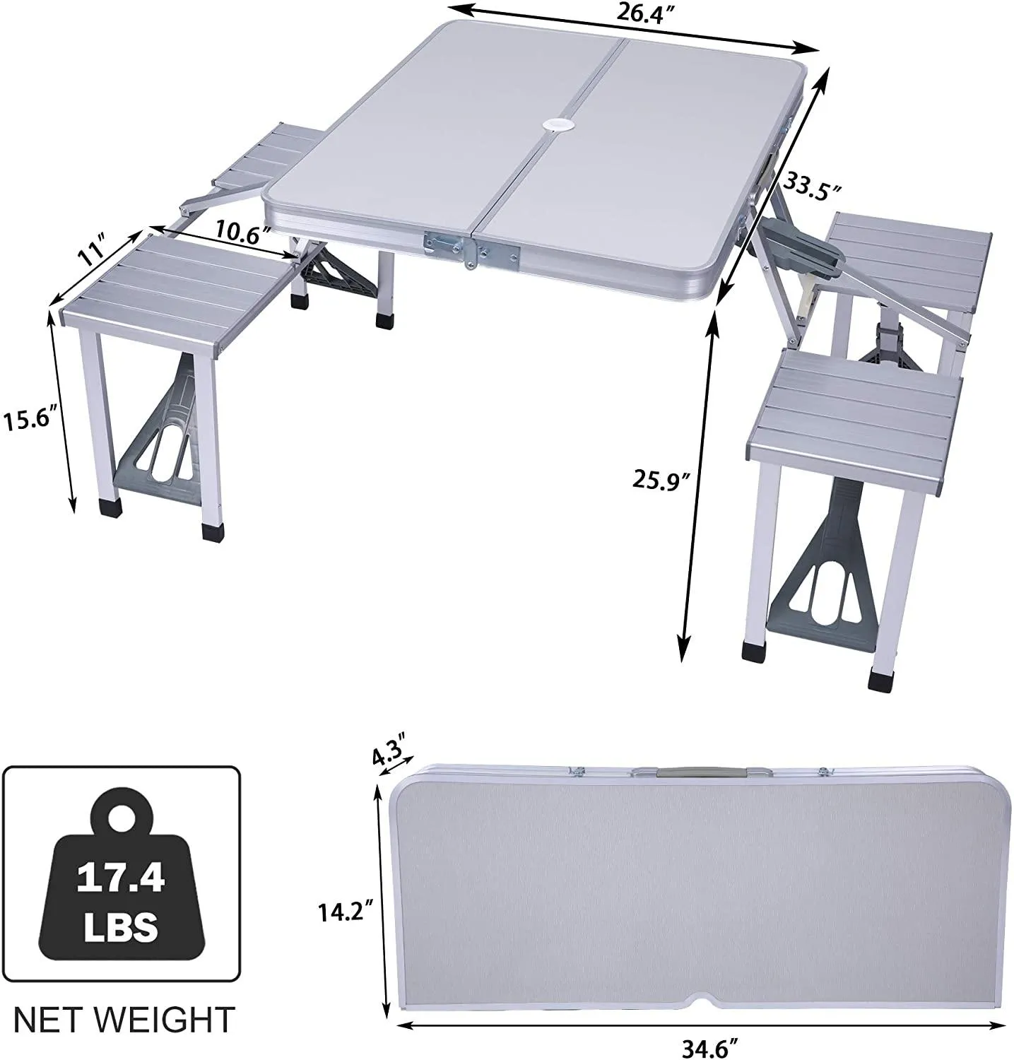 Portable Folding Camping Picnic Table Chair Set for 4 with Seats Chairs and Umbrella Hole