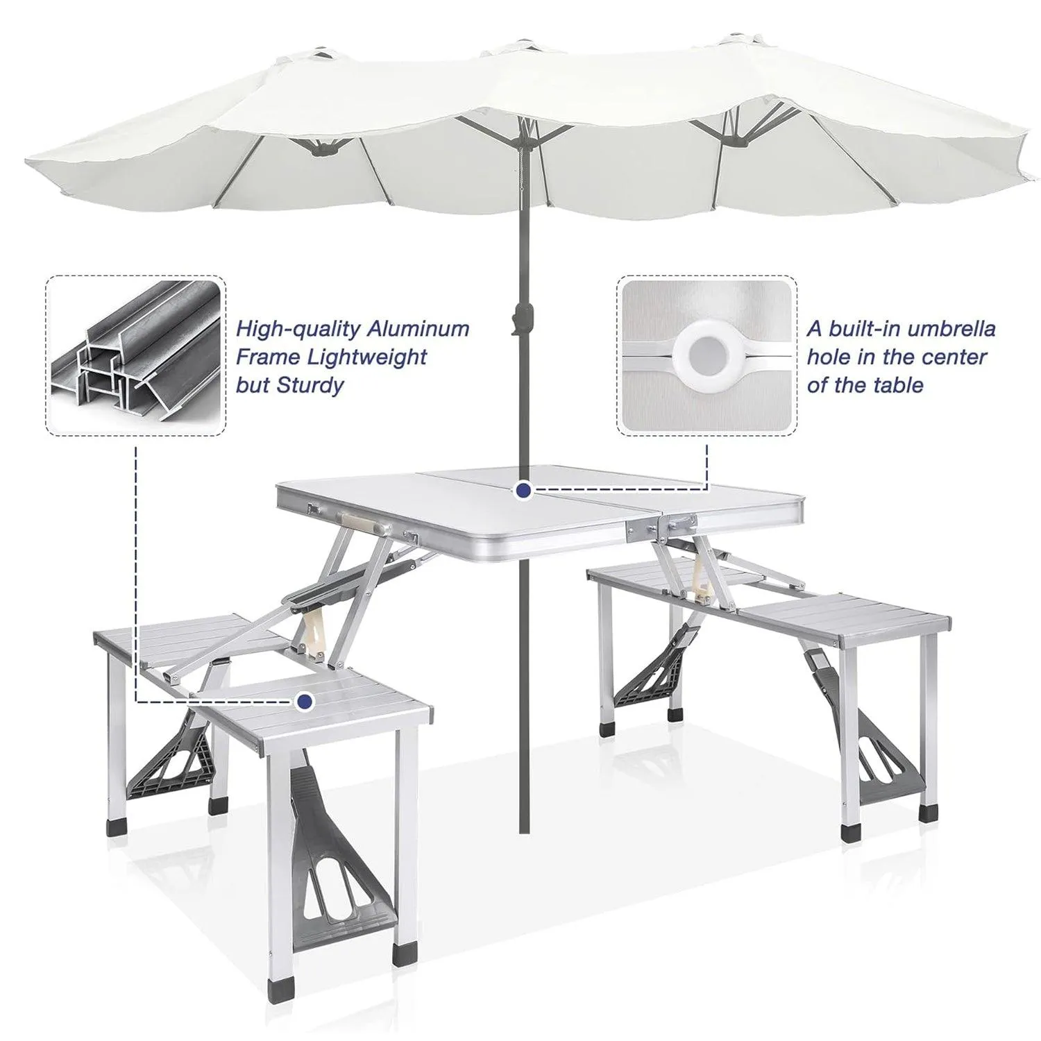 Portable Folding Camping Picnic Table Chair Set for 4 with Seats Chairs and Umbrella Hole