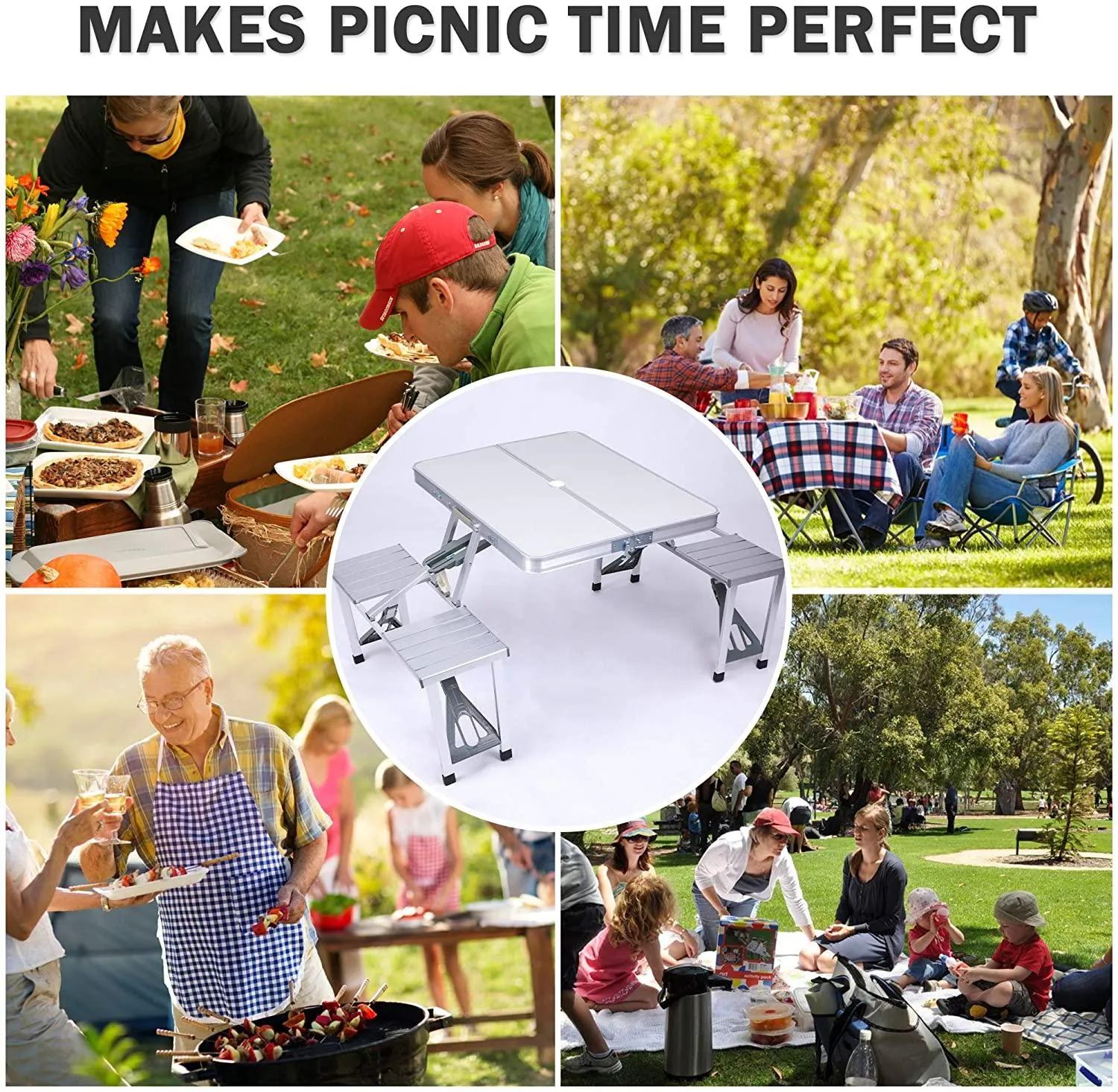 Portable Folding Camping Picnic Table Chair Set for 4 with Seats Chairs and Umbrella Hole
