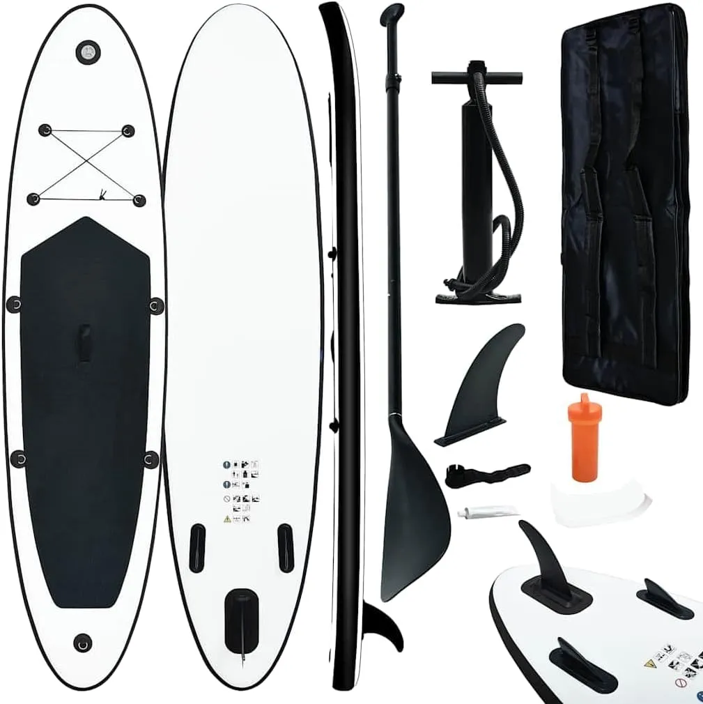 Stable and Inflatable Stand Up Paddle Board Set for Recreation and Small Wave Riding, Black and White