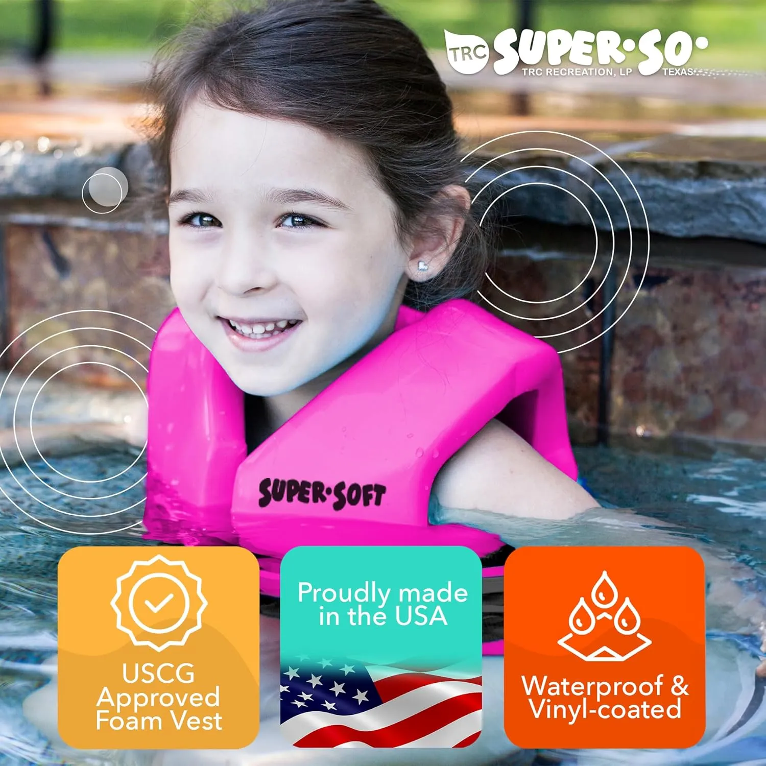 TRC Recreation Super Soft Child Size X Small Life Jacket USCG Approved Vinyl Coated Foam Swim Vest for Kids Swimming Pool and Beach Gear, Marina Blue