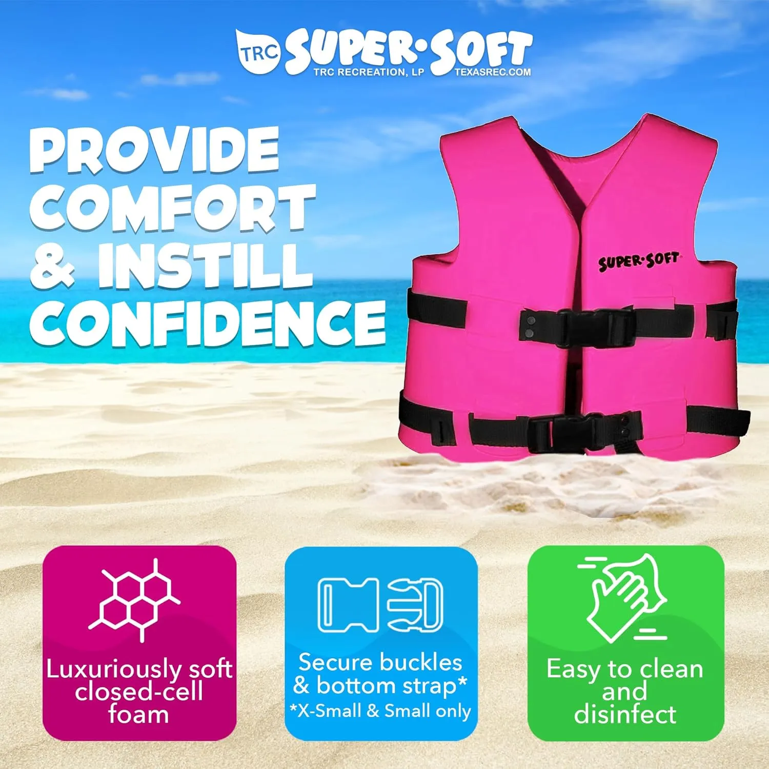 TRC Recreation Super Soft Child Size X Small Life Jacket USCG Approved Vinyl Coated Foam Swim Vest for Kids Swimming Pool and Beach Gear, Marina Blue